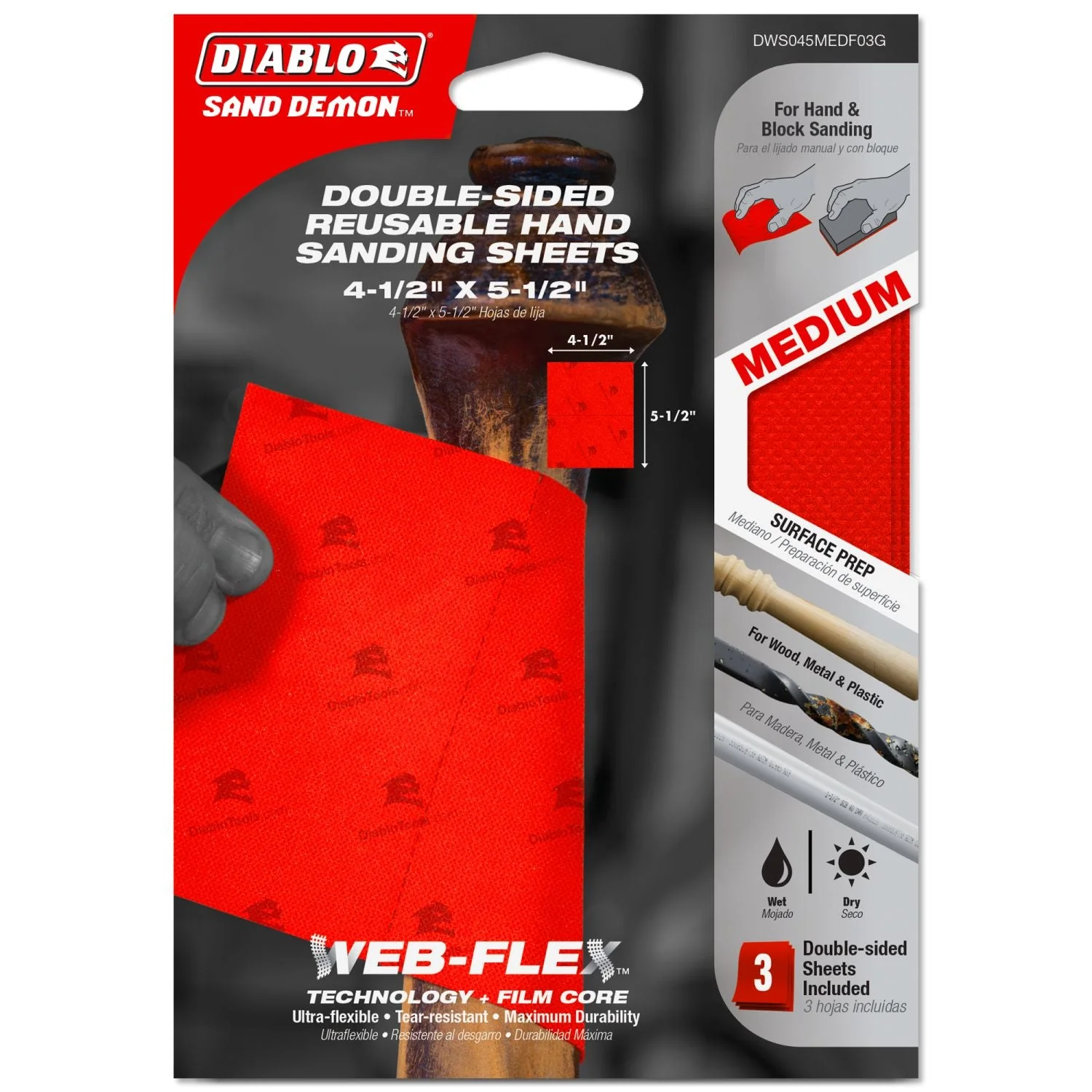 Diablo DWS045MEDF03G 3-Piece Sand Demon 4-1/2 in. x 5-1/2 in. Medium Grit Handing Sanding Sheet Assortment Set - Image 2