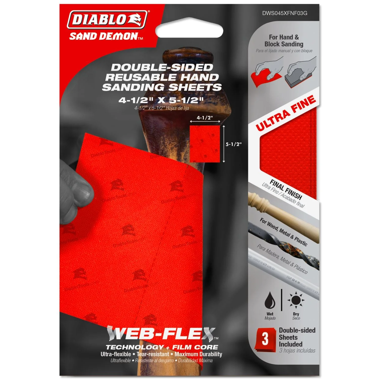 Diablo DWS045XFNF03G 3-Piece Sand Demon 4-1/2 in. x 5-1/2 in. Ultra Fine Grit Handing Sanding Sheet Assortment Set - Image 2