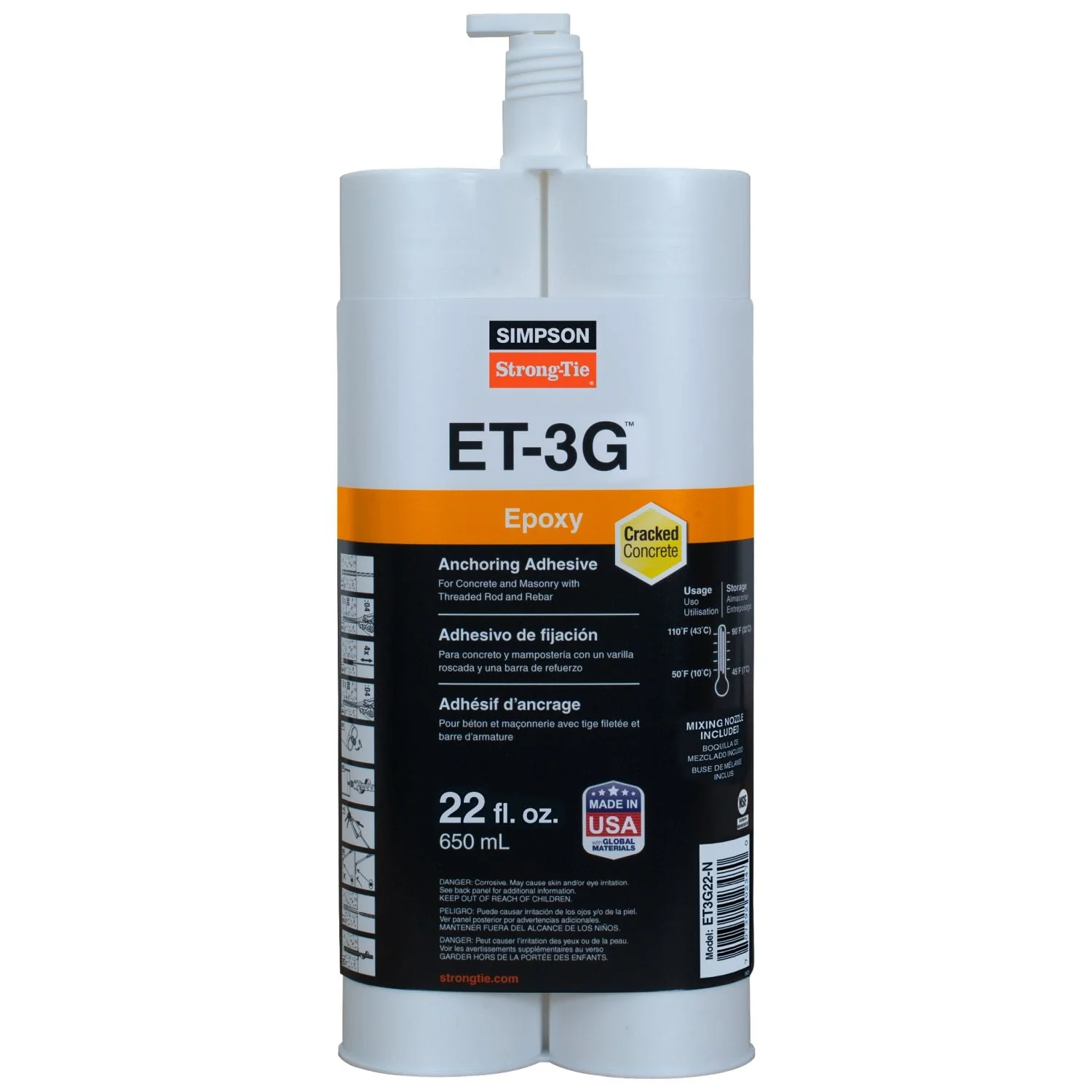 Simpson Strong-Tie ET-3G 22-oz. Epoxy Adhesive Cartridge w/ Nozzle and Extension (ET3G22-N) - Image 2
