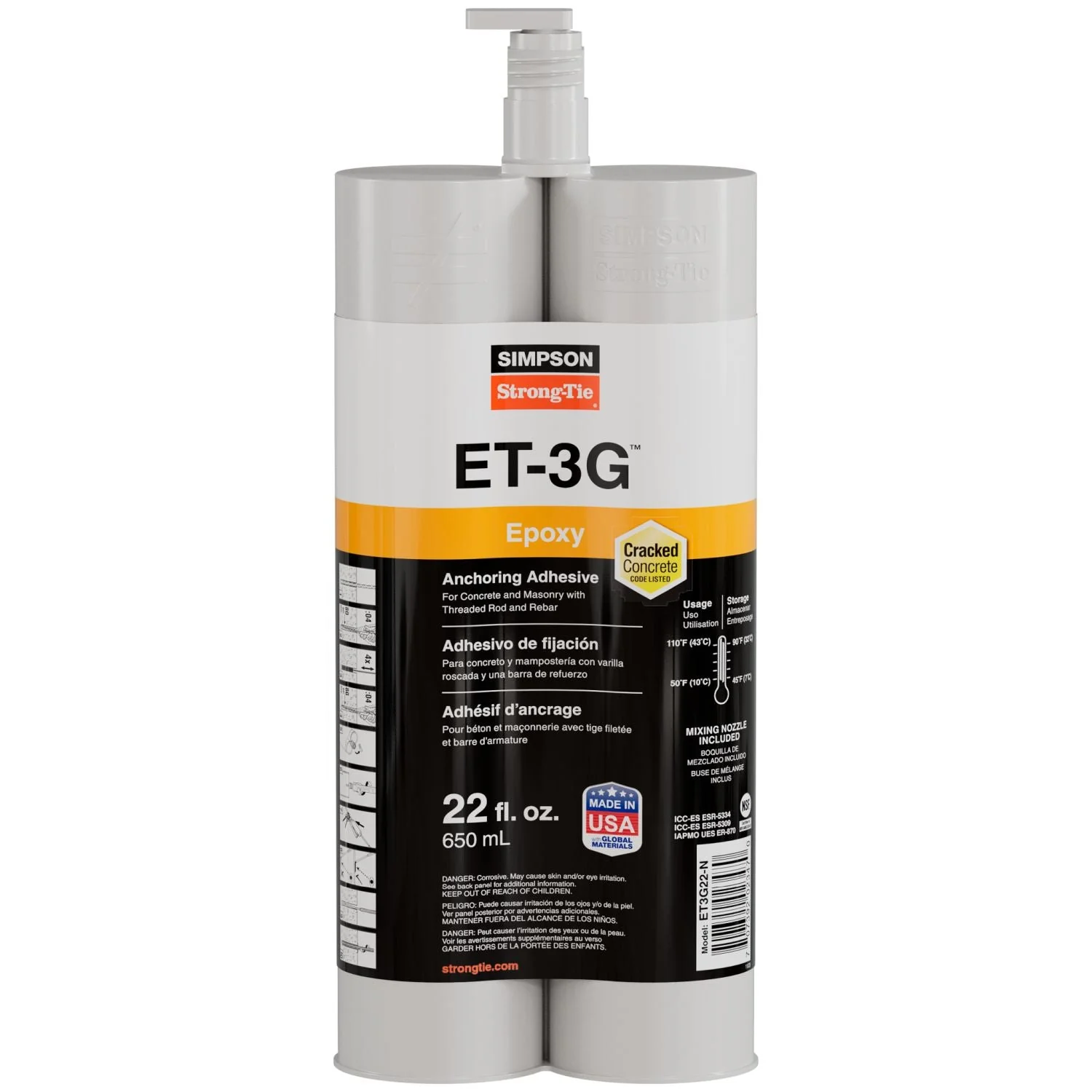 Simpson Strong-Tie ET-3G 22-oz. Epoxy Adhesive Cartridge w/ Nozzle and Extension (ET3G22-N)