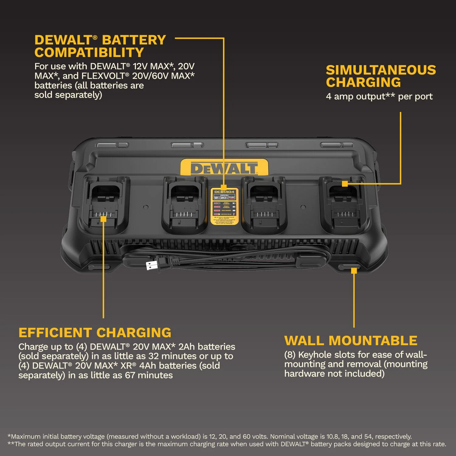 DeWALT DCB1404 4-Amp 4-Battery Simultaneous Multiport Battery Charger for 12V/20V/FlexVolt - Image 2
