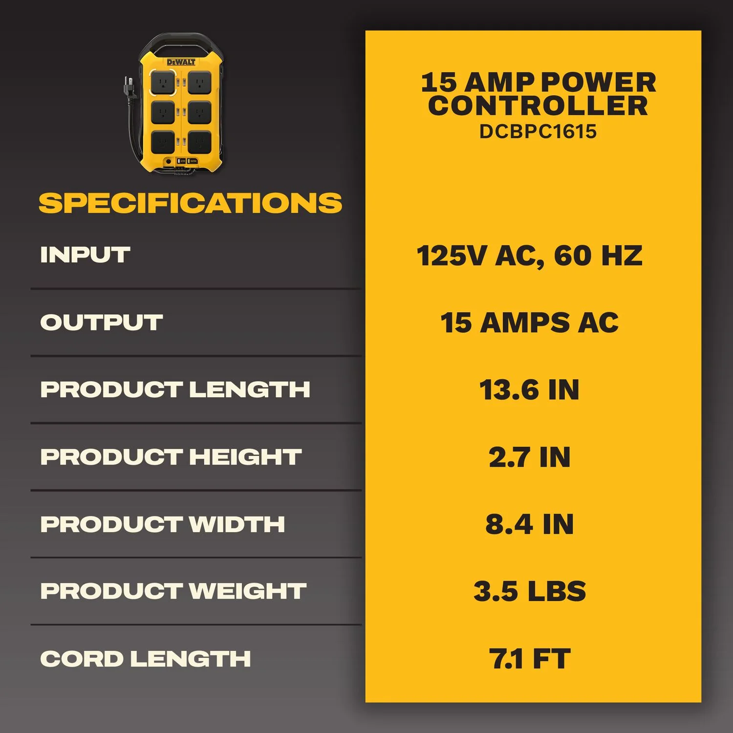 DeWALT DCBPC1615 15-Amp 6-Outlet Multi-Charger Power Controller - Image 3