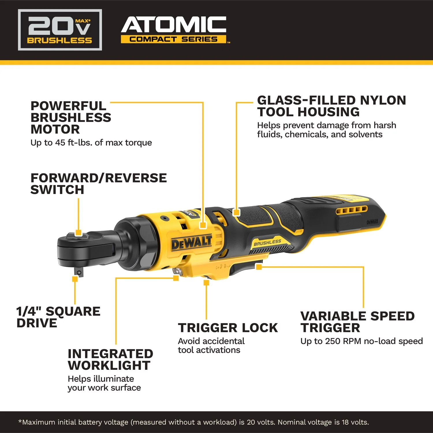 DeWALT DCF514B ATOMIC 20V MAX Brushless Cordless 1/4-in. Ratchet, Tool Only - Image 2