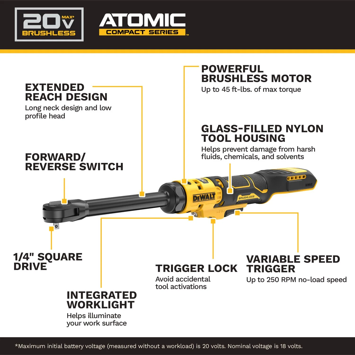 DeWALT DCF514EB ATOMIC 20V MAX Brushless Cordless 1/4-in. Extended Reach Ratchet, Tool Only - Image 2