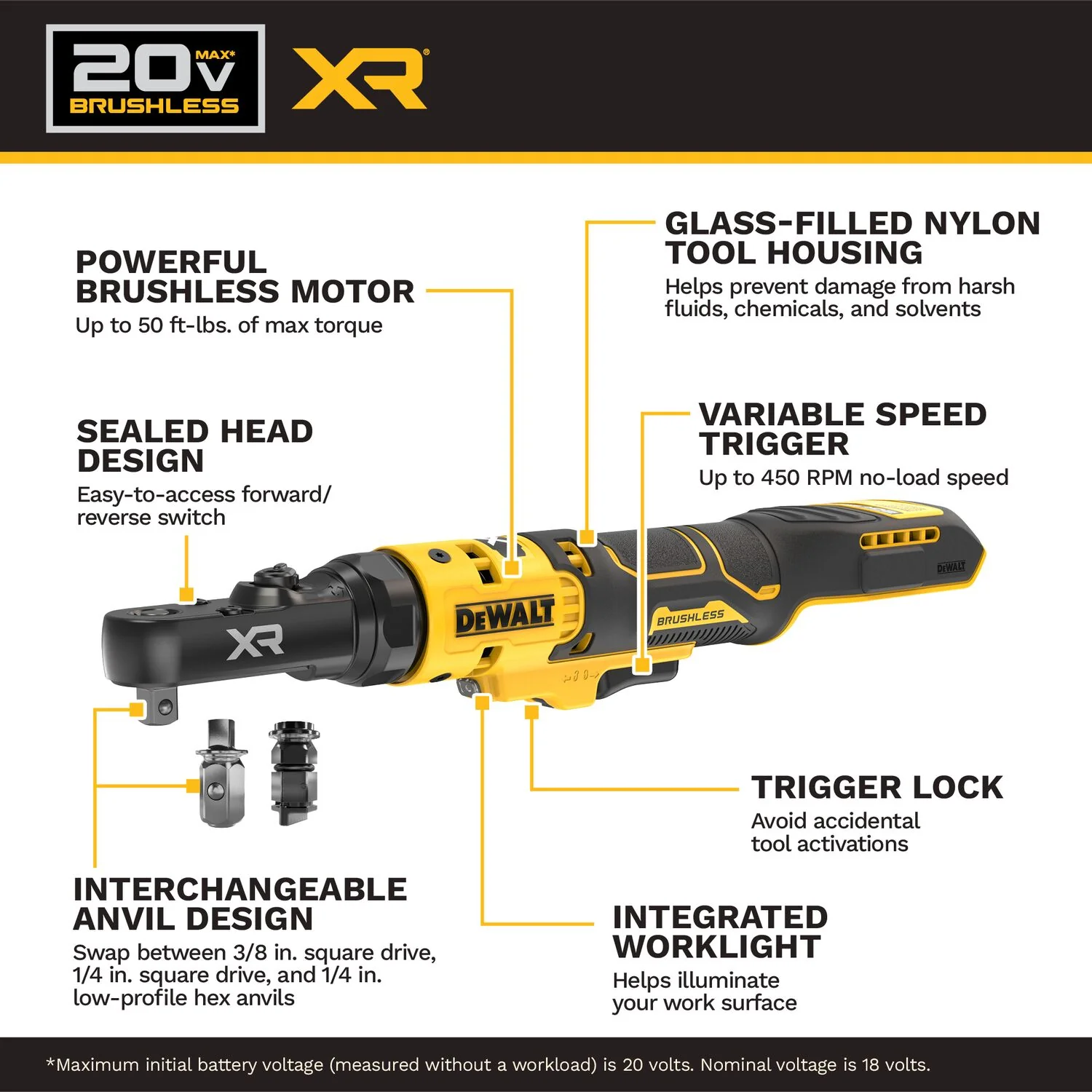 DeWALT DCF520B 20V MAX XR Brushless 1/4-in. & 3/8-in. Sealed Head Ratchet, Tool Only - Image 2