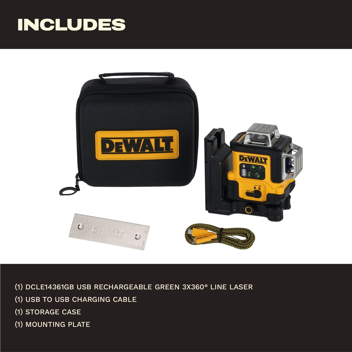 DeWALT DCLE14361GB USB-C Rechargeable 3x360° Green Line Laser Level - Image 3