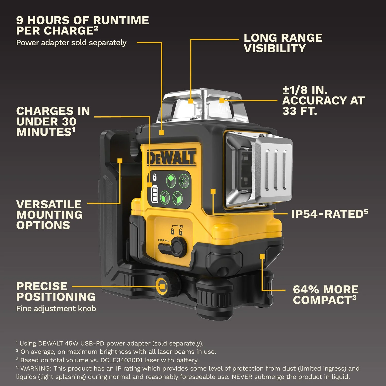 DeWALT DCLE14361GB USB-C Rechargeable 3x360° Green Line Laser Level - Image 2