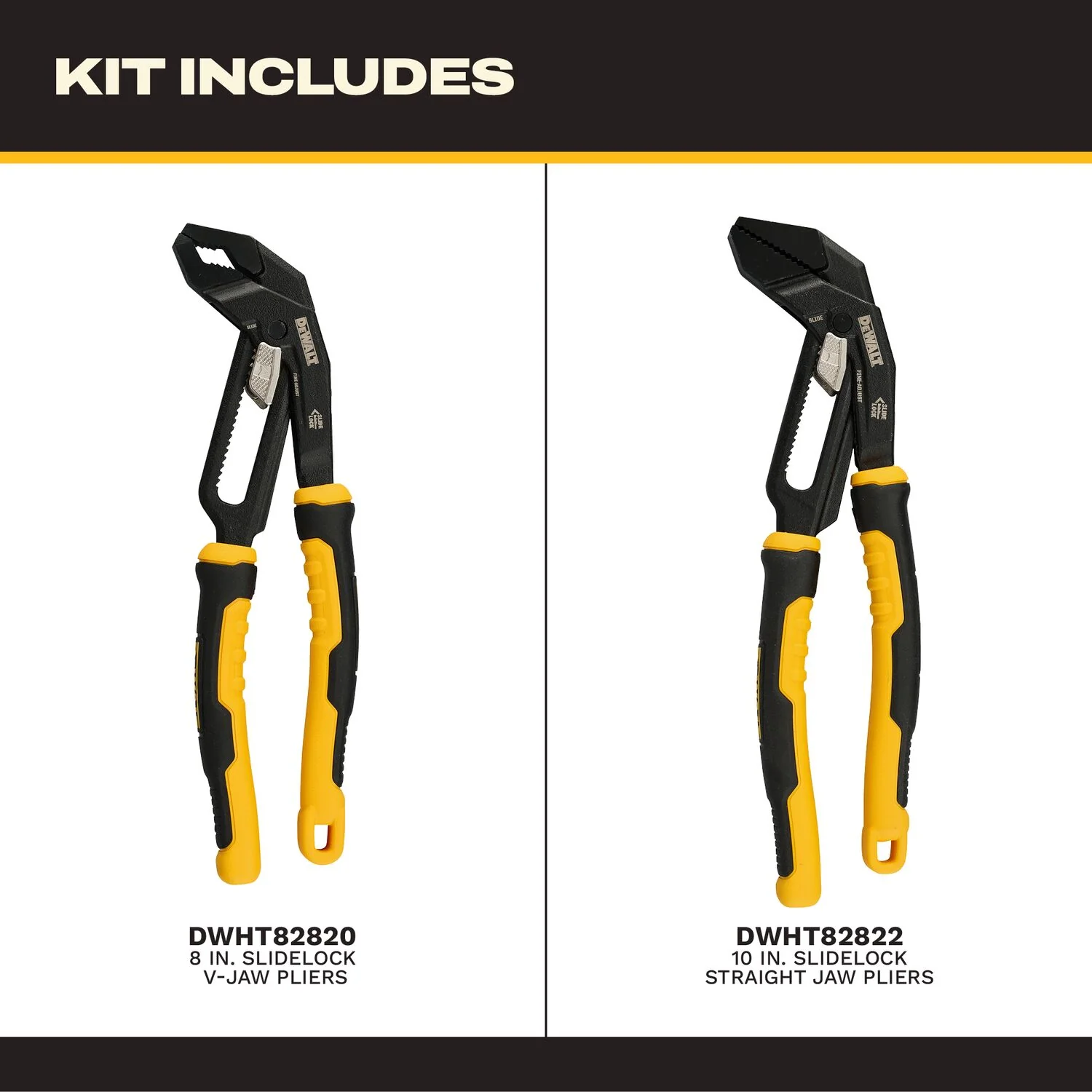 DeWALT DWHT82824 Slidelock 8-in. and 10-in. V-Jaw Plier, 2-Pack - Image 3