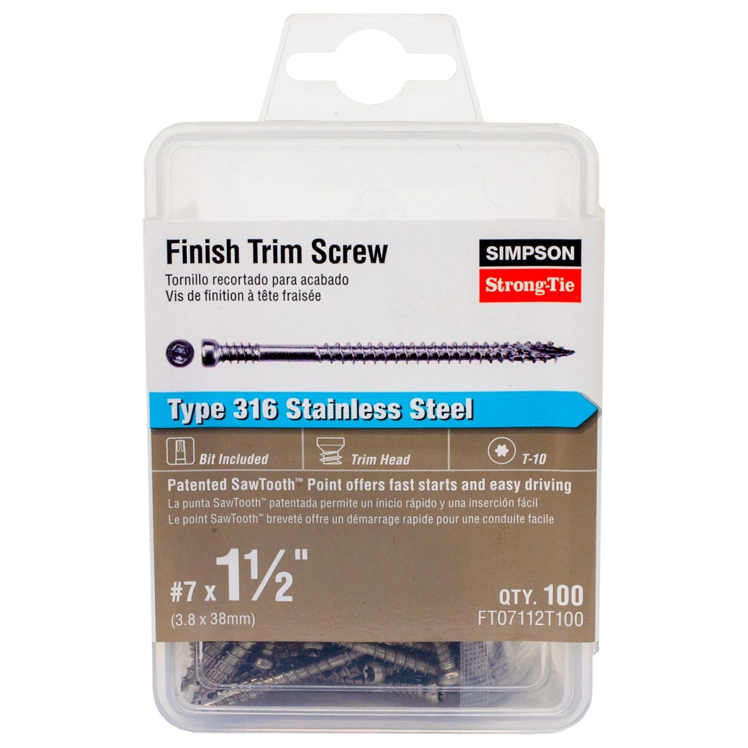 Simpson Strong-Tie FT07112T100 Finish Trim Screw,  #7 x 1-1/2-in. T10, Trim-Head, Type 316, 100-Pack - Image 2
