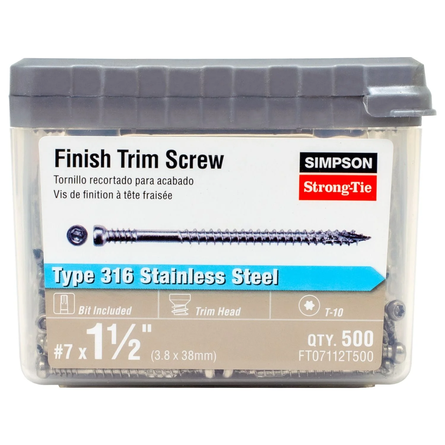 Simpson Strong-Tie FT07112T500 Finish Trim Screw,  #7 x 1-1/2-in. T10, Trim-Head, Type 316, 500-Pack - Image 2