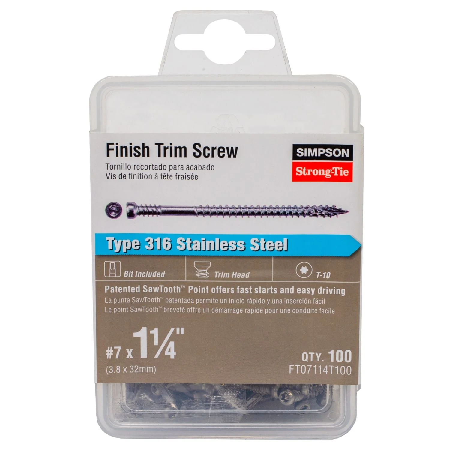 Simpson Strong-Tie FT07114T100 Finish Trim Screw,  #7 x 1-1/4-in. T10, Trim-Head, Type 316, 100-Pack - Image 2