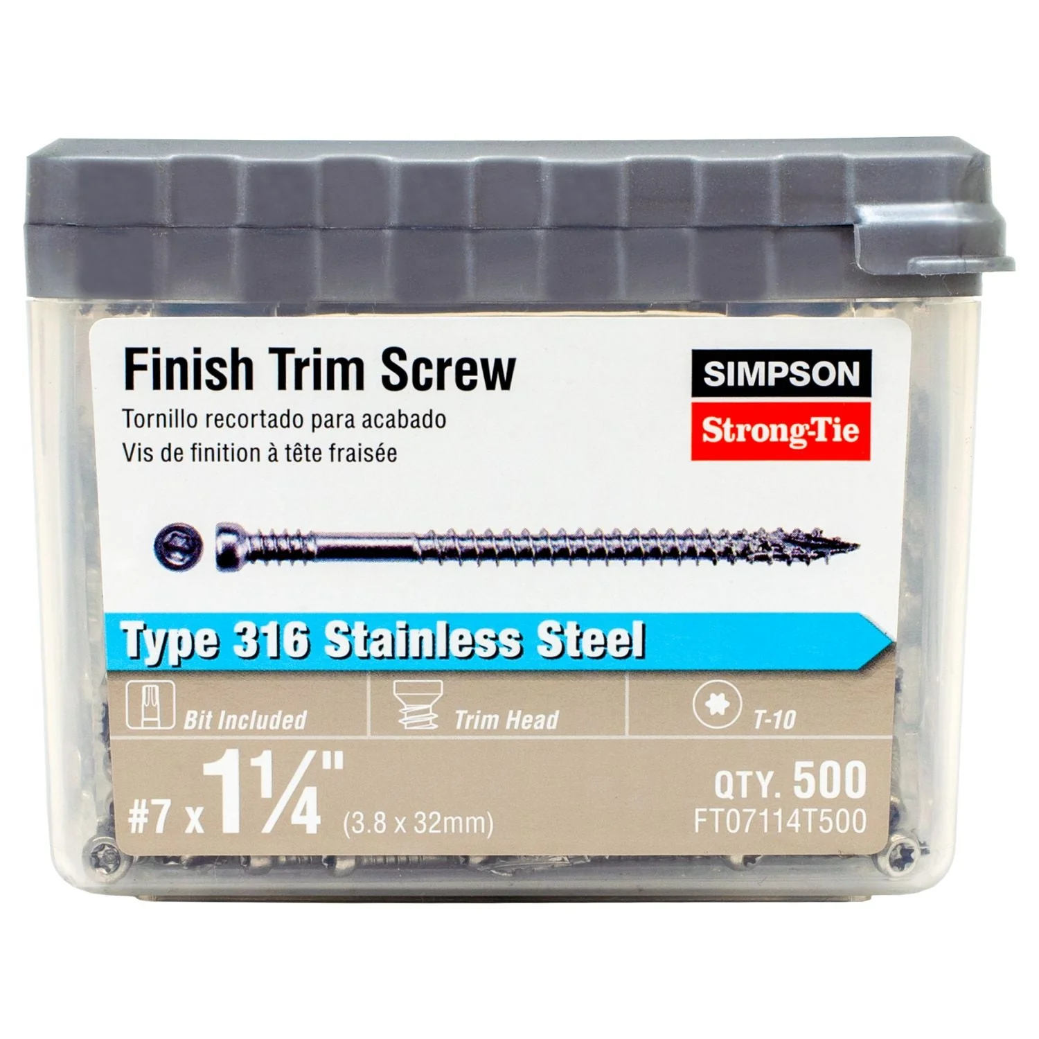 Simpson Strong-Tie FT07114T500 Finish Trim Screw,  #7 x 1-1/4-in. T10, Trim-Head, Type 316, 500-Pack - Image 2