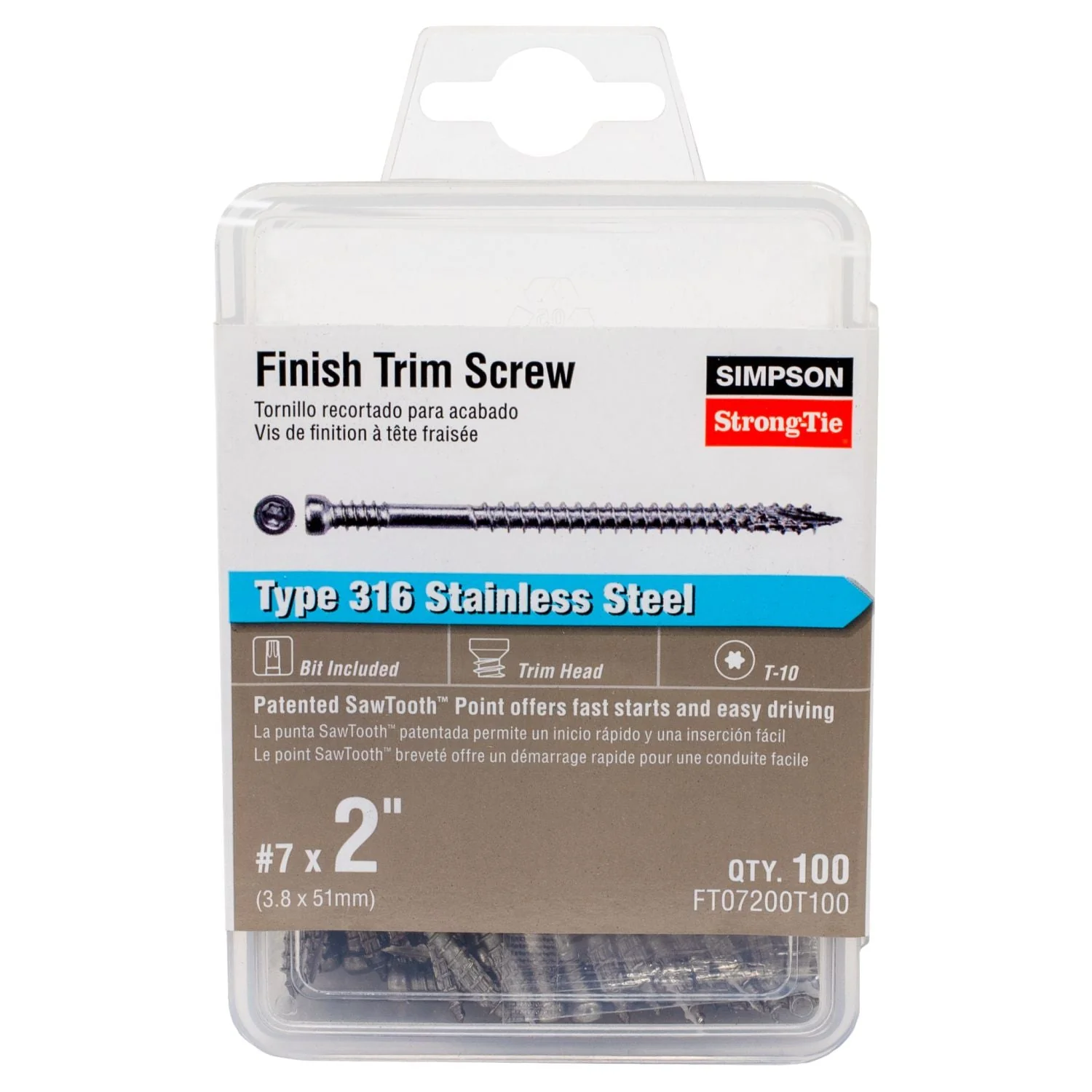 Simpson Strong-Tie FT07200T100 Finish Trim Screw,  #7 x 2-in. T10, Trim-Head, Type 316, 100-Pack - Image 2