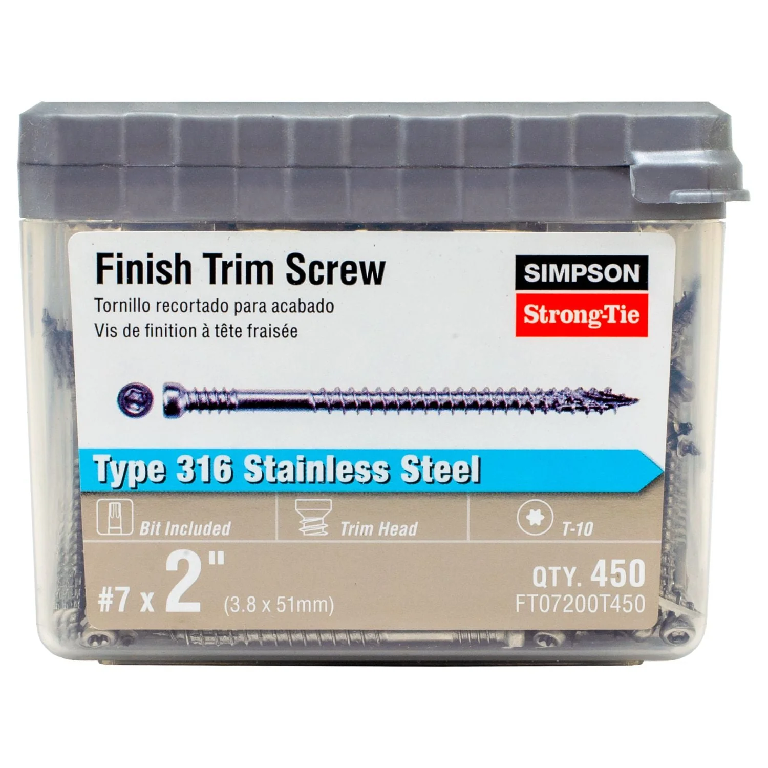 Simpson Strong-Tie FT07200T450 Finish Trim Screw,  #7 x 2-in. T10, Trim-Head, Type 316, 450-Pack - Image 2