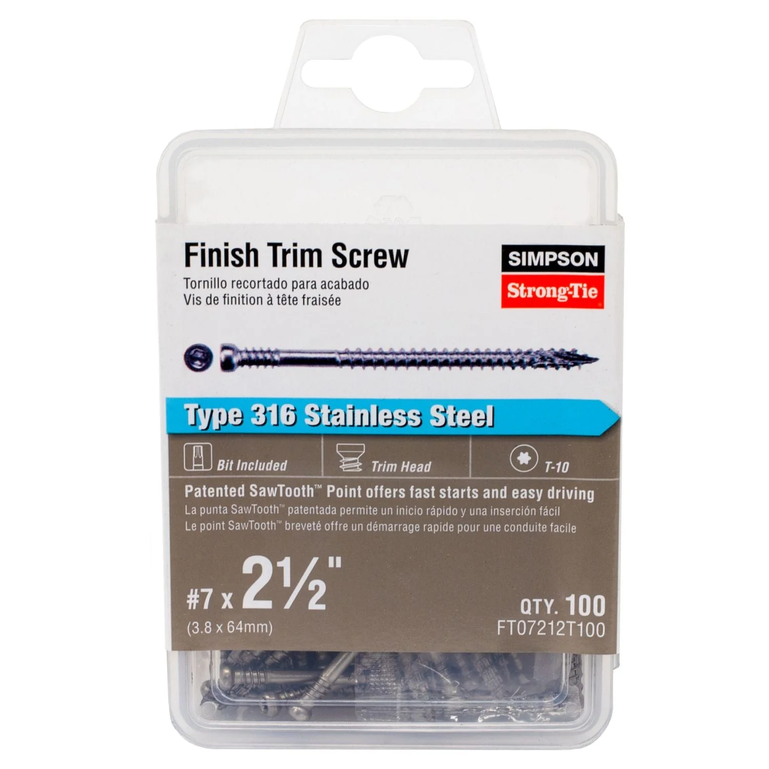 Simpson Strong-Tie FT07212T100 Finish Trim Screw,  #7 x 2-1/2-in. T10, Trim-Head, Type 316, 100-Pack - Image 2