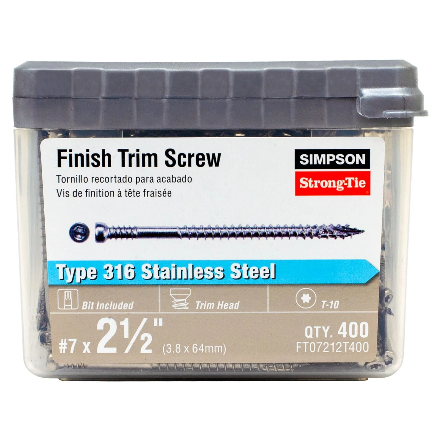 Simpson Strong-Tie FT07212T400 Finish Trim Screw,  #7 x 2-1/2-in. T10, Trim-Head, Type 316, 400-Pack - Image 3
