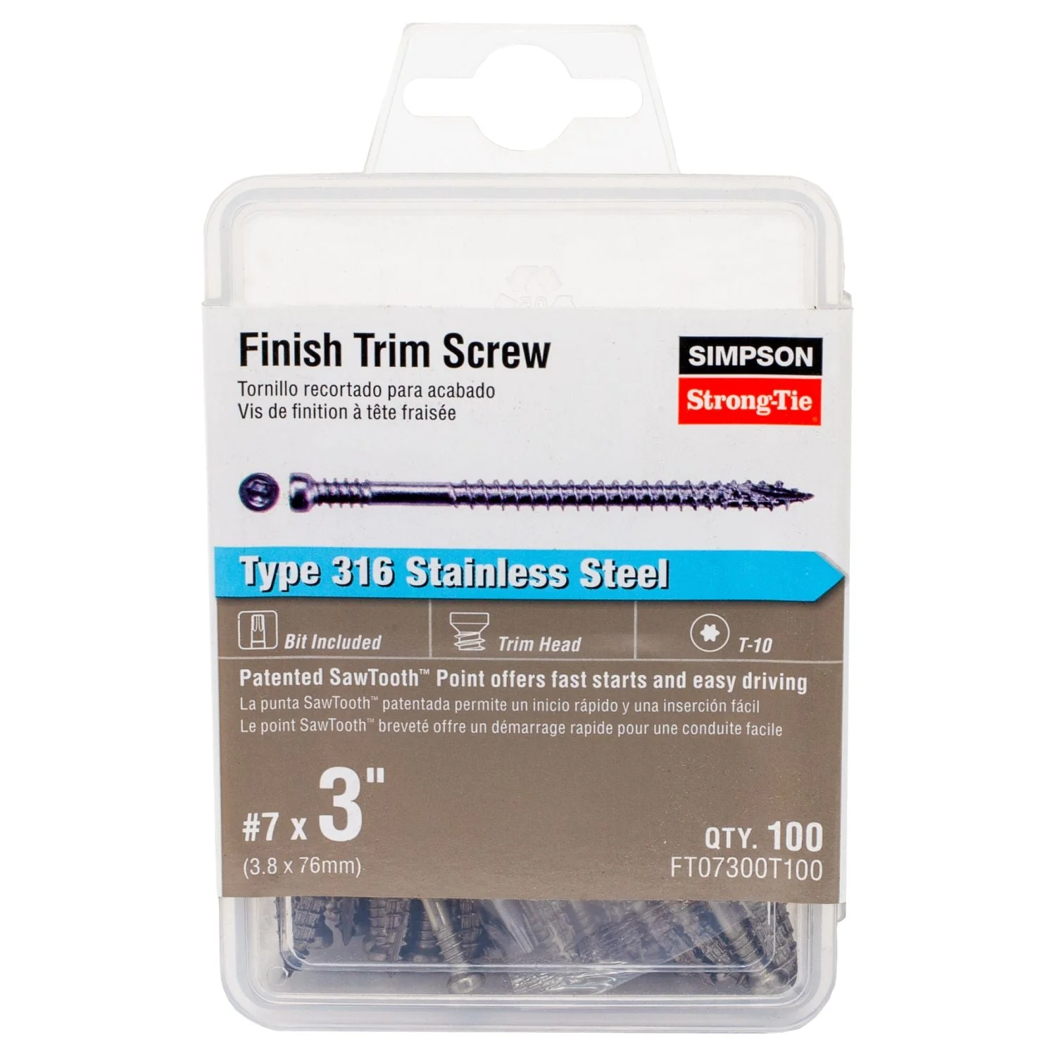 Simpson Strong-Tie FT07300T100 Finish Trim Screw,  #7 x 3-in. T10, Trim-Head, Type 316, 100-Pack - Image 2