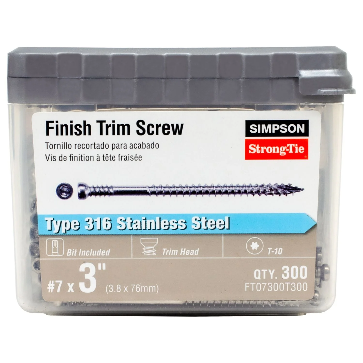 Simpson Strong-Tie FT07300T300 Finish Trim Screw,  #7 x 3-in. T10, Trim-Head, Type 316, 300-Pack - Image 2