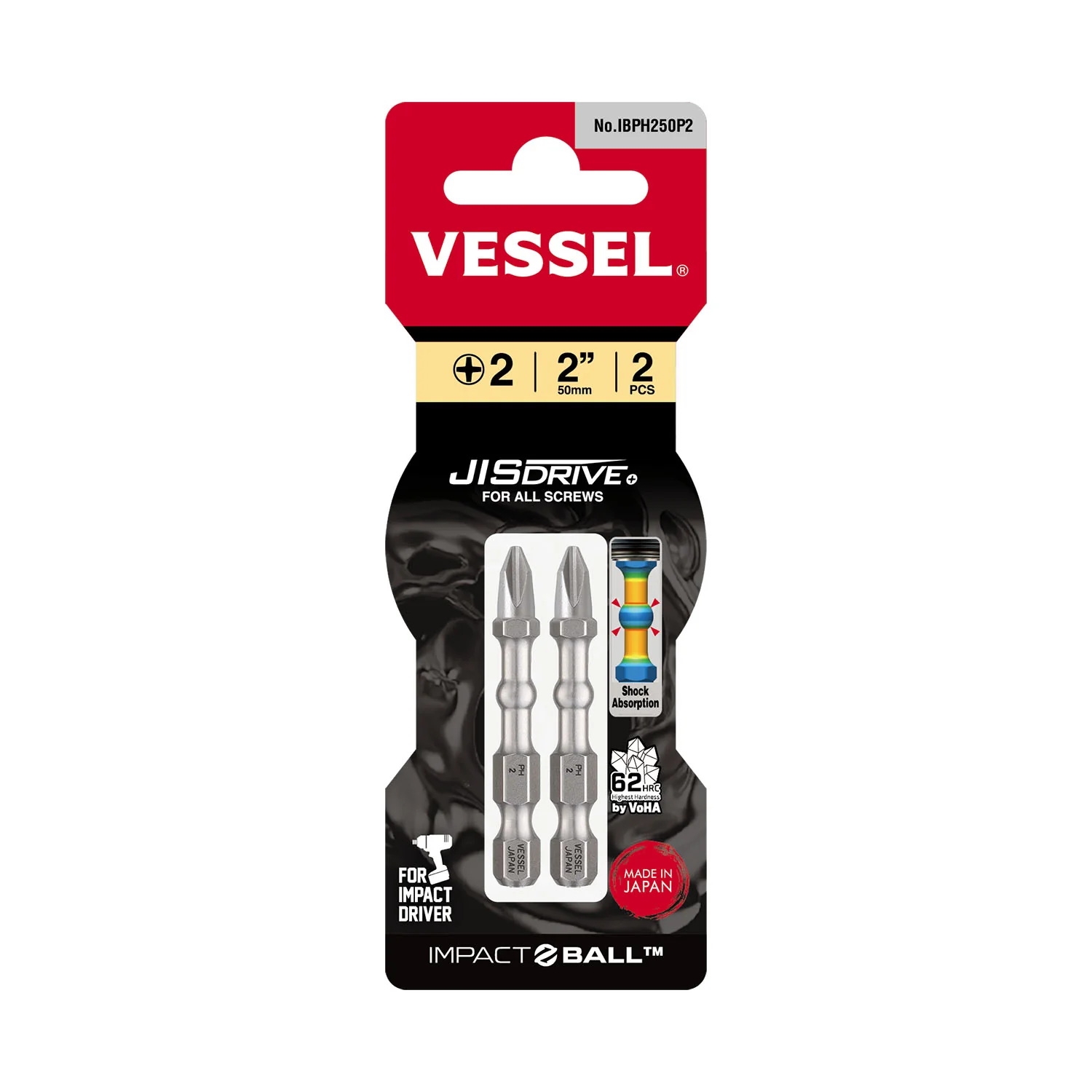 Vessel IBPH250P2 Impact Ball Torsion Phillips #2 Bit, 2-Pack - Image 1