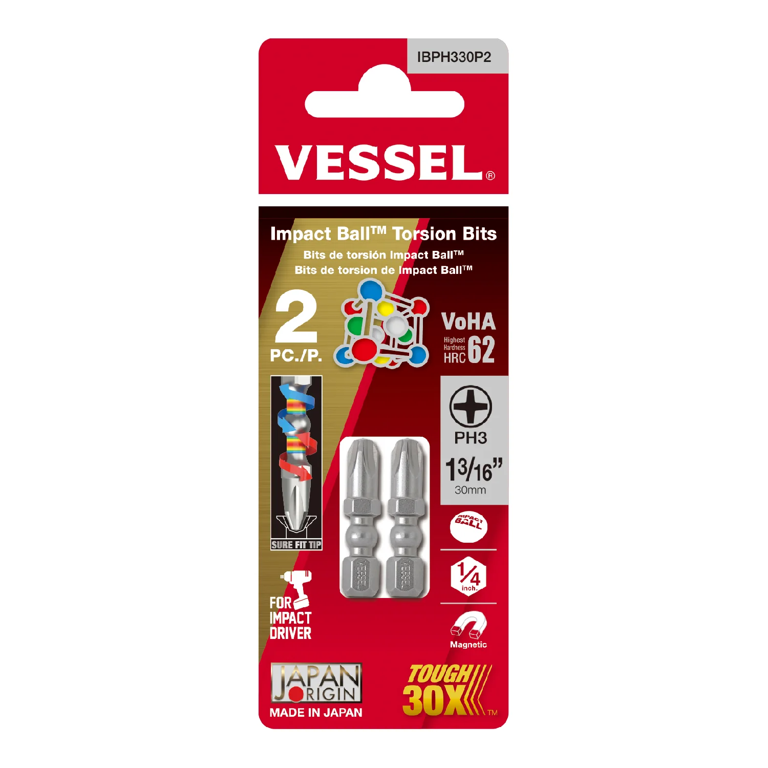 Vessel IBPH330P2 Impact Ball Torsion Phillips #3 Bit, 2-Pack - Image 1