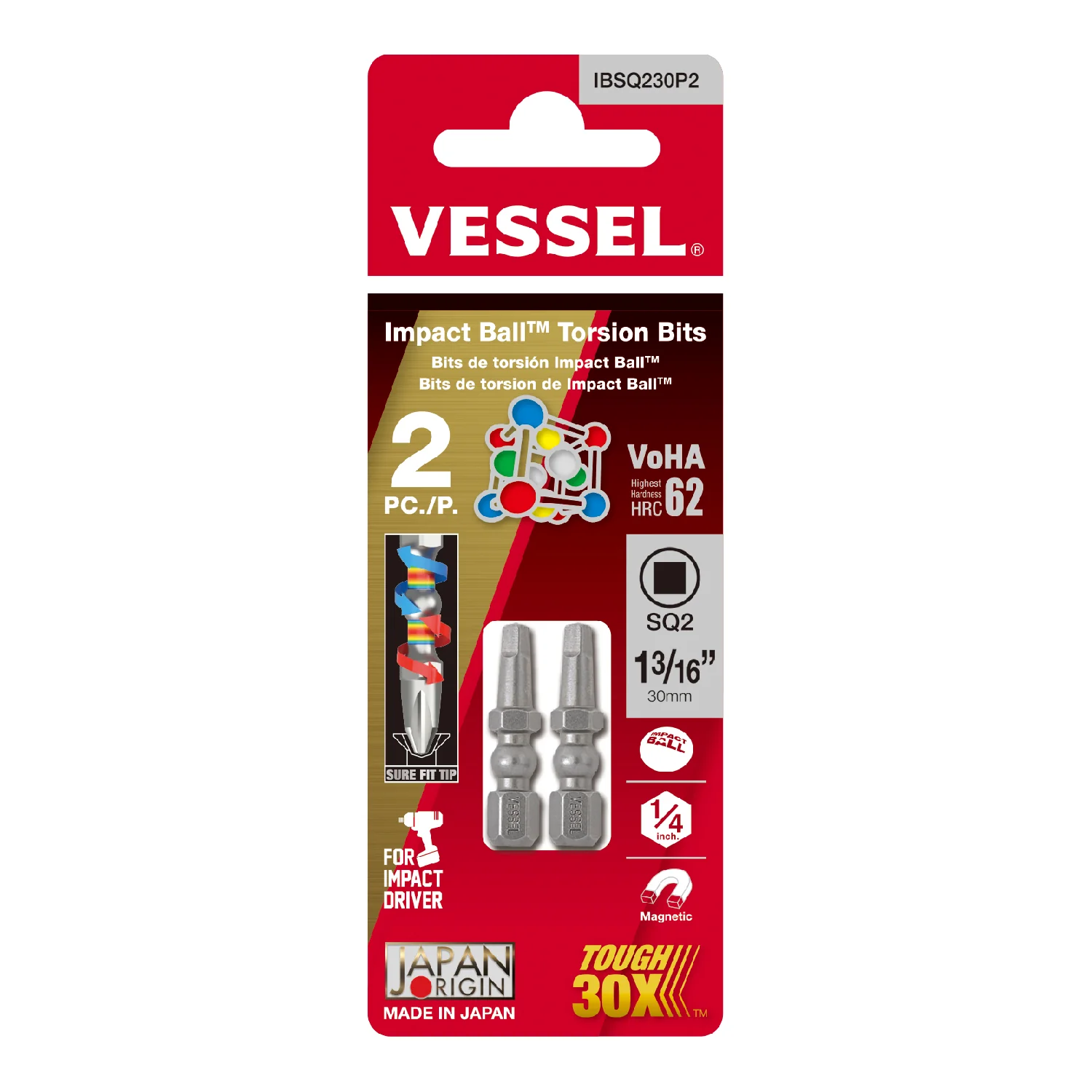 Vessel IBSQ230P2 Impact Ball Torsion Square #2 Bit, 2-Pack - Image 1