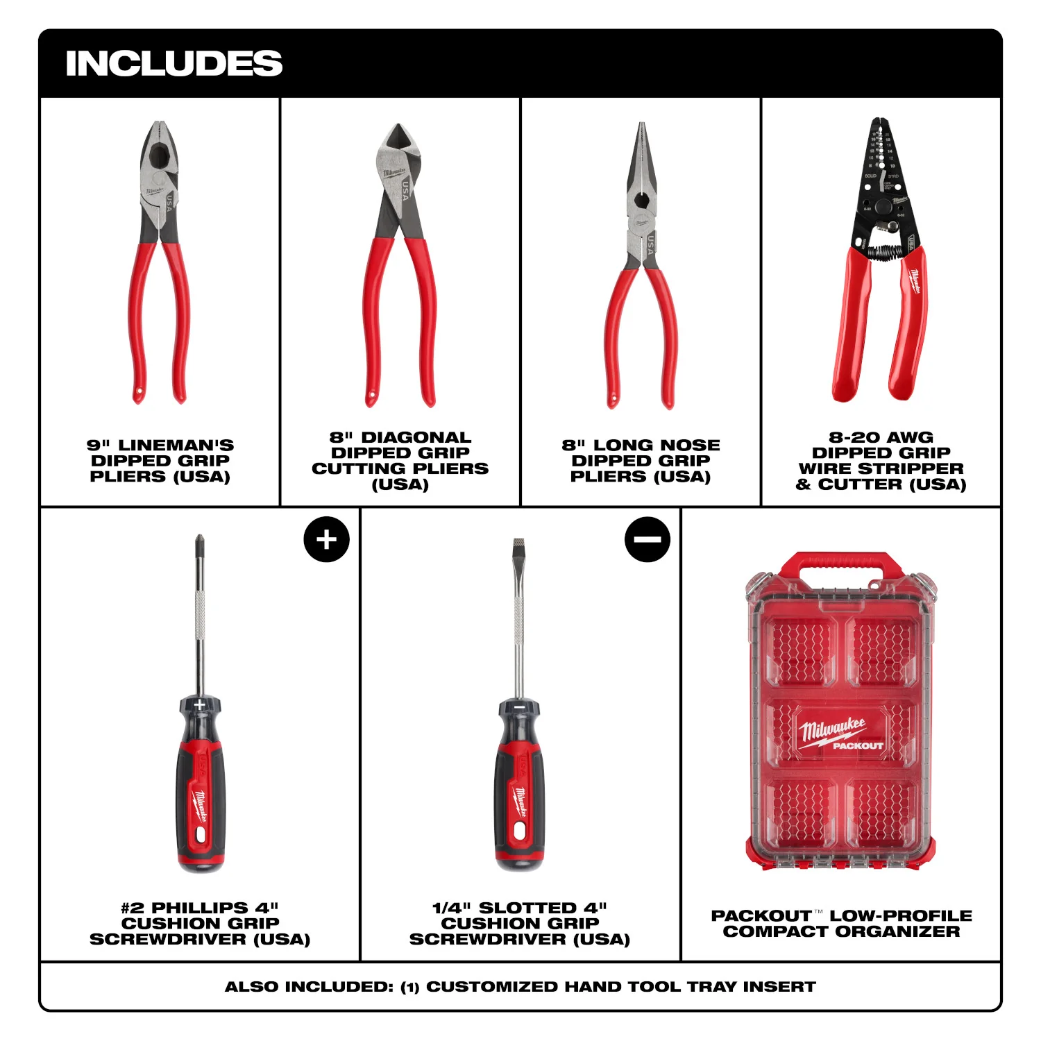 Milwaukee MT500-6P 6-Piece Dipped Grip Pliers, Wire Stripper, & Cushion Grip Screwdrivers PACKOUT Low-Profile Compact Organizer Set - Image 2
