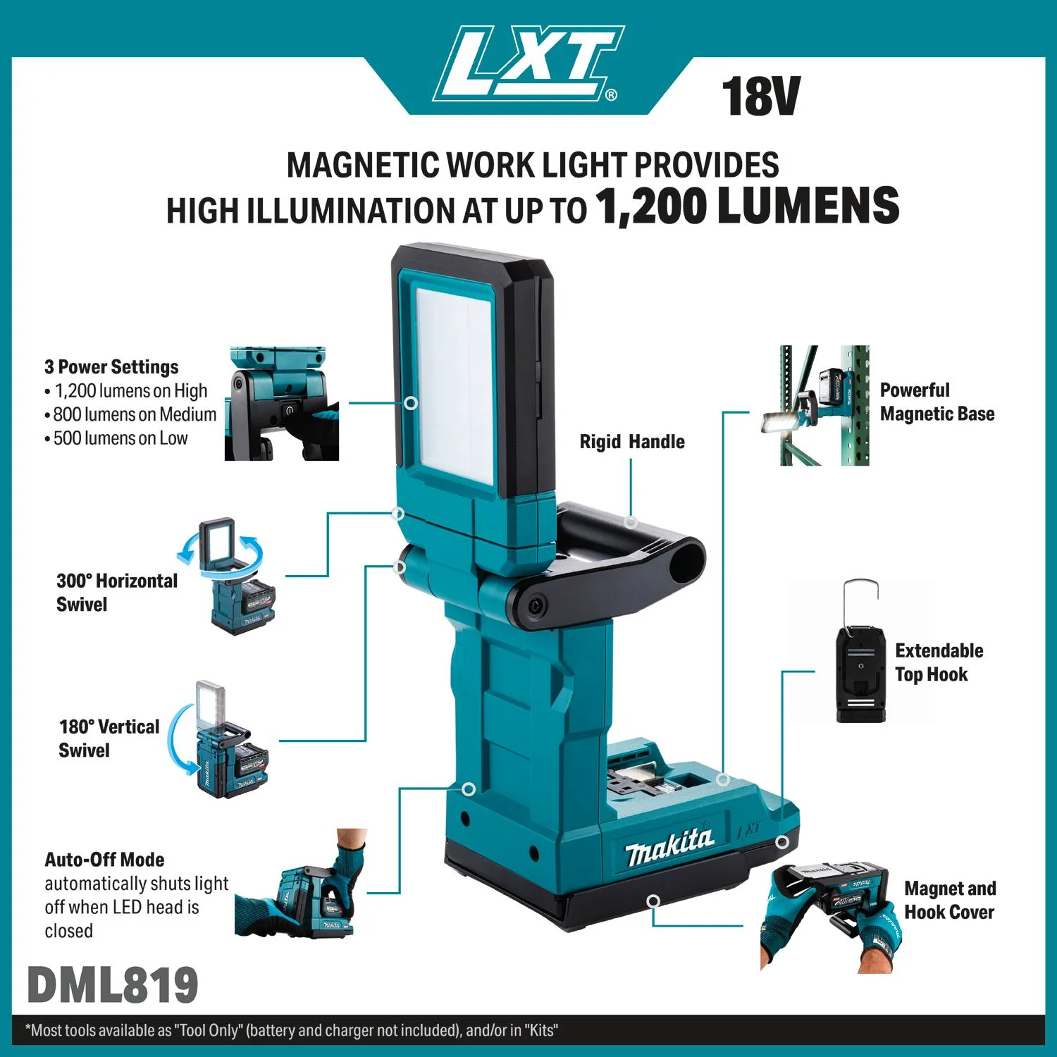 Makita DML819 18V LXT LED Magnetic Work Light, Light Only - Image 2