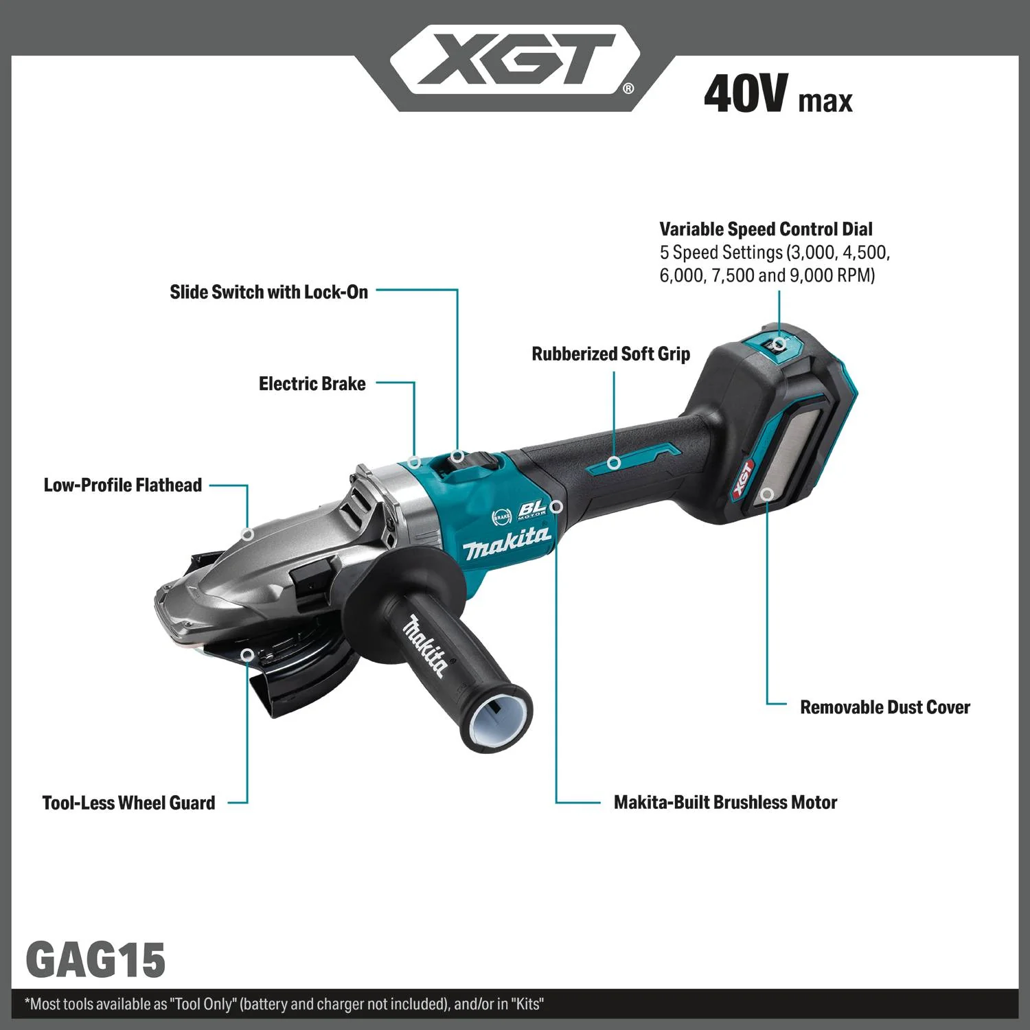 Makita GAG15Z 40V max XGT Brushless 5-in. Slide Switch Flathead Grinder, Variable Speed, with Electric Brake, Tool Only - Image 2