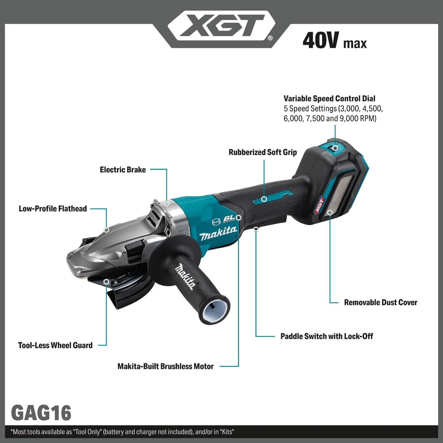 Makita GAG16Z 40V max XGT Brushless 5-in. Paddle Switch Flathead Grinder, Variable Speed, with Electric Brake, Tool Only - Image 2