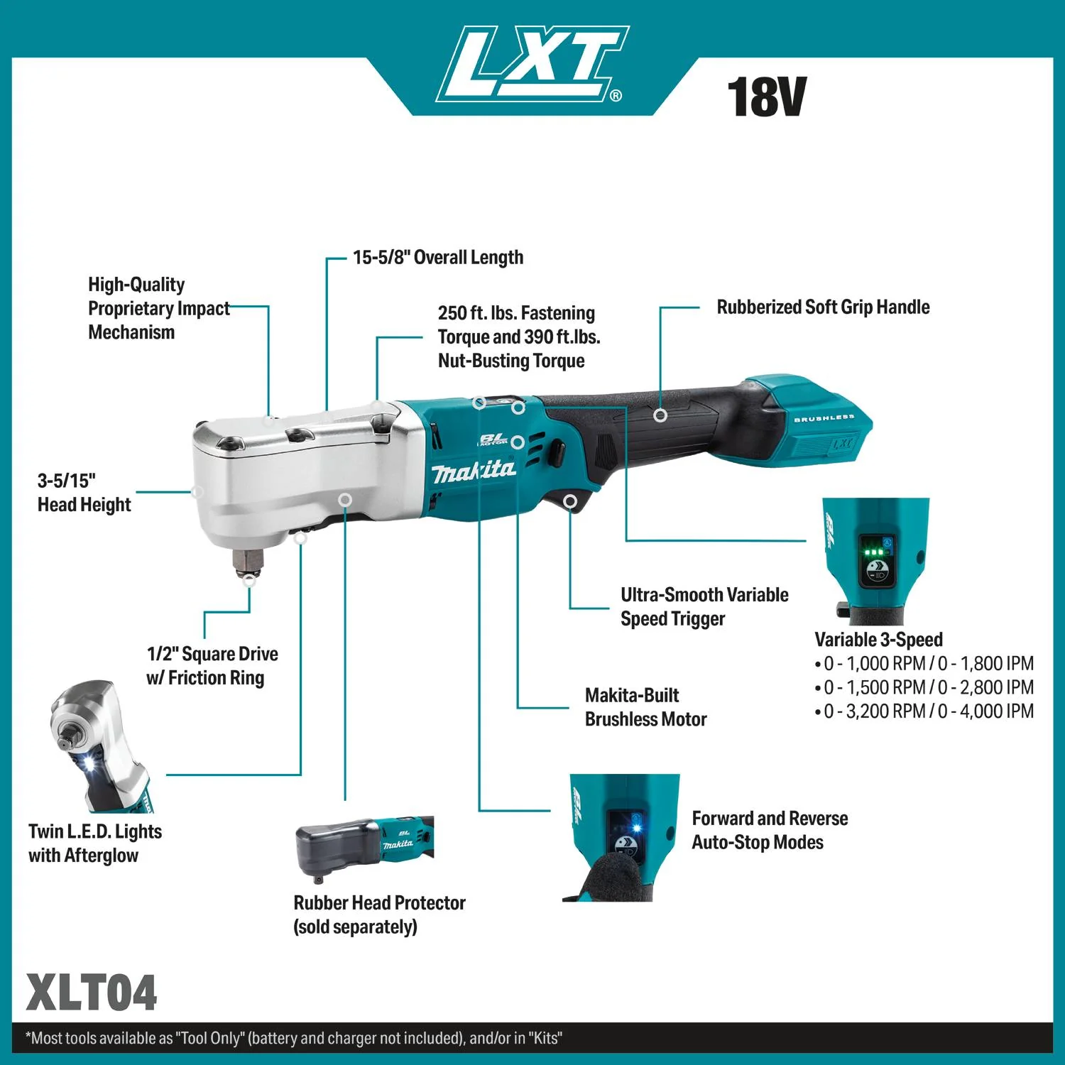 Makita XLT04Z 18V LXT Brushless High Torque 1/2-in.  Angle Impact Wrench w/ Friction Ring, Tool Only - Image 2