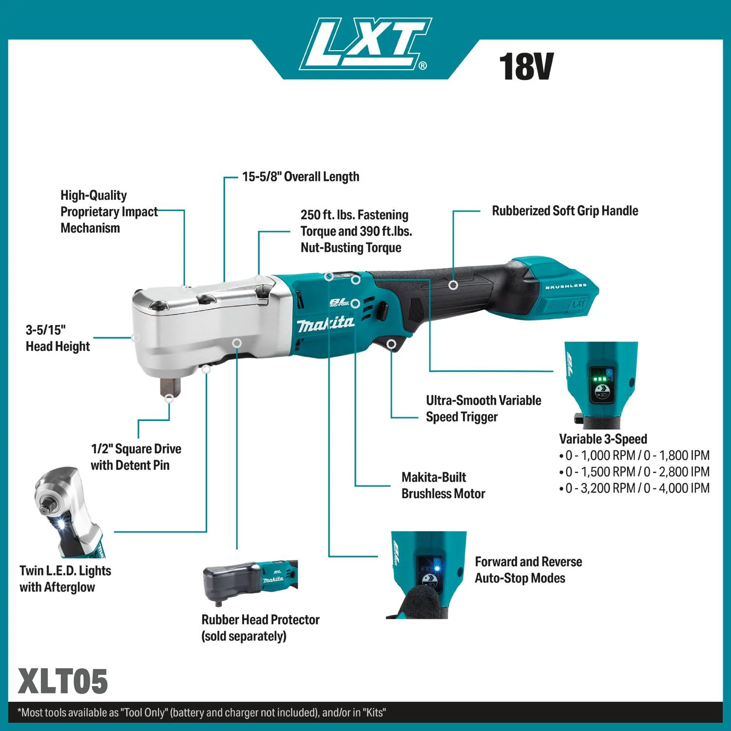Makita XLT05Z 18V LXT Brushless High Torque 1/2-in.  Angle Impact Wrench w/ Detent Pin, Tool Only - Image 2