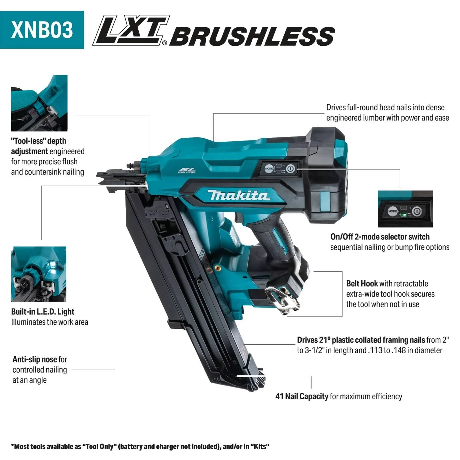 Makita XNB03M1 18V LXT Brushless 21-Degree Full Round Head 3-1/2-in. Framing Nailer 4.0Ah Kit - Image 2