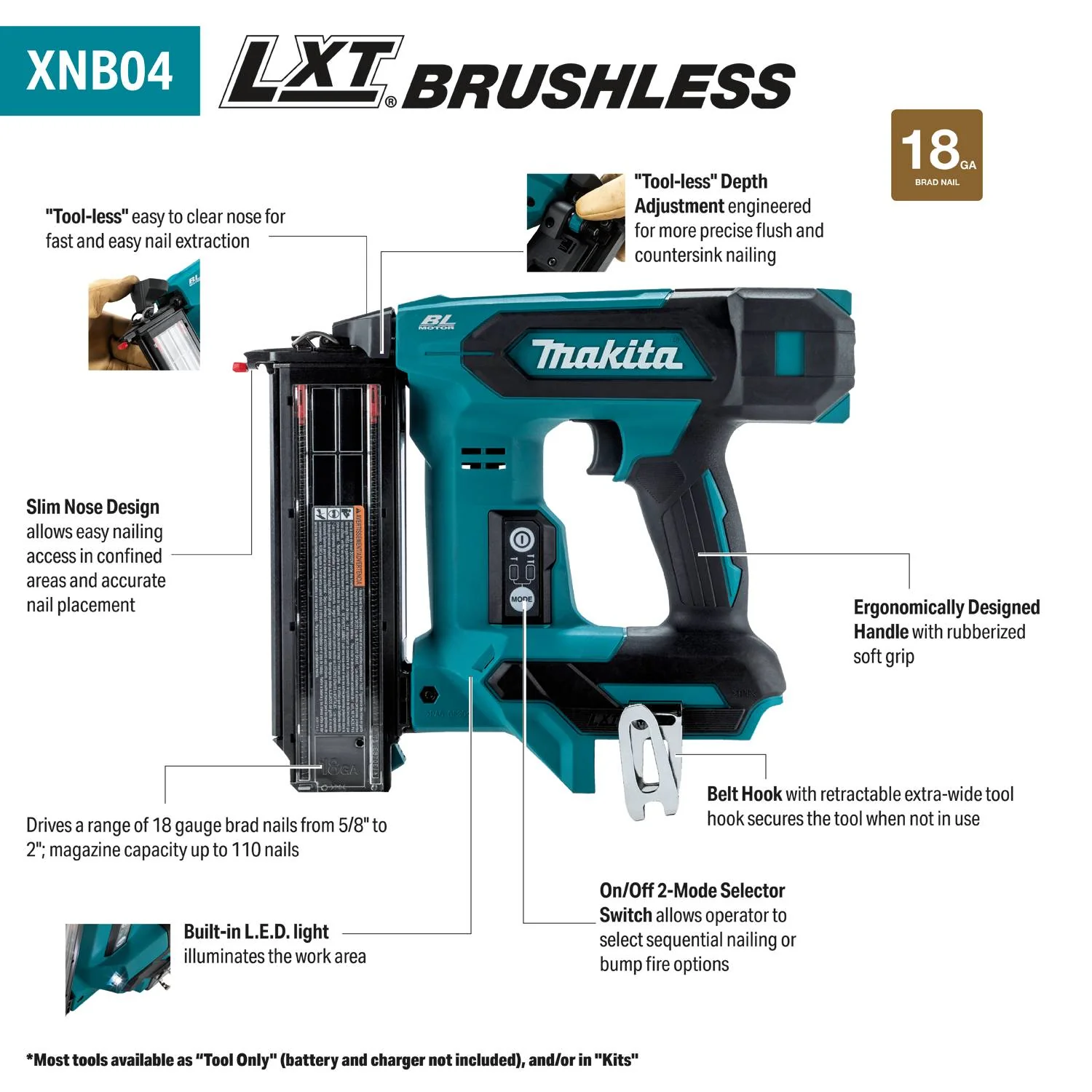 Makita XNB04Z 18V LXT Brushless Cordless 2-in. 18-Gauge Brad Nailer, Tool Only - Image 2