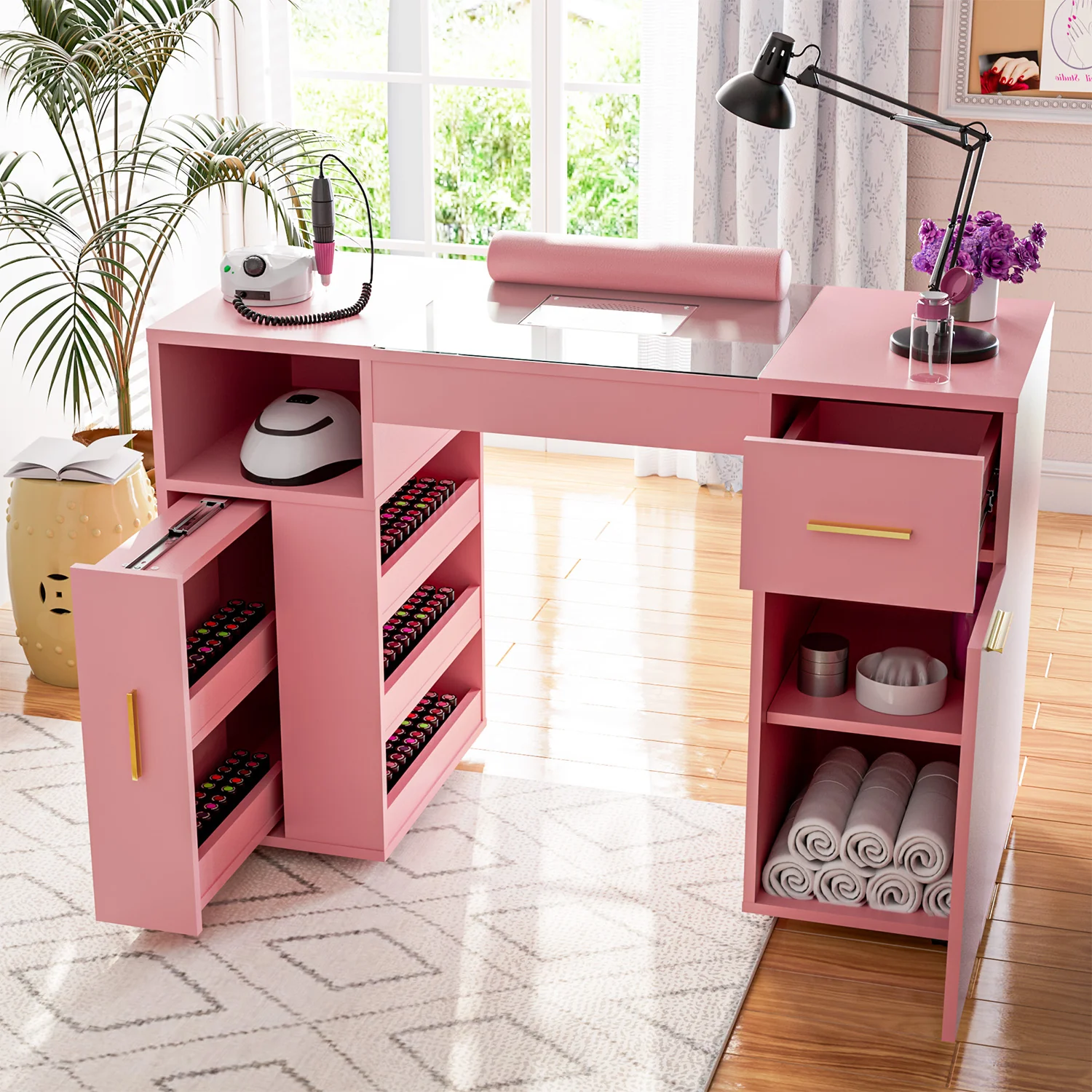 Advwin Nail Desk w/ Acetone-Resistant Glass Table Top Pink