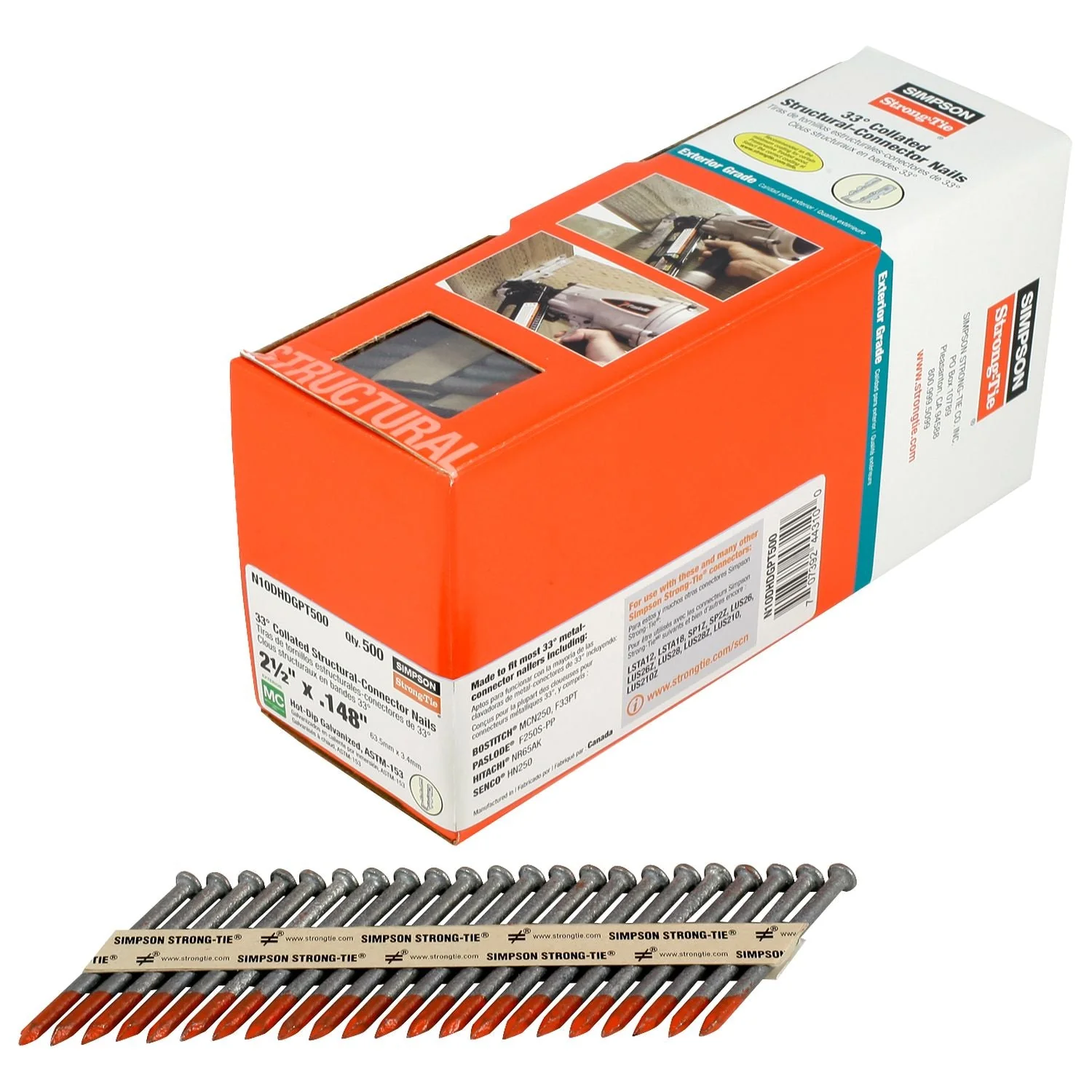 Simpson Strong-Tie N10DHDGPT500 Strong-Drive 33° SCN SMOOTH-SHANK CONNECTOR Nail,  2-1/2-in. x .148-in. HDG, 500-Pack - Image 2