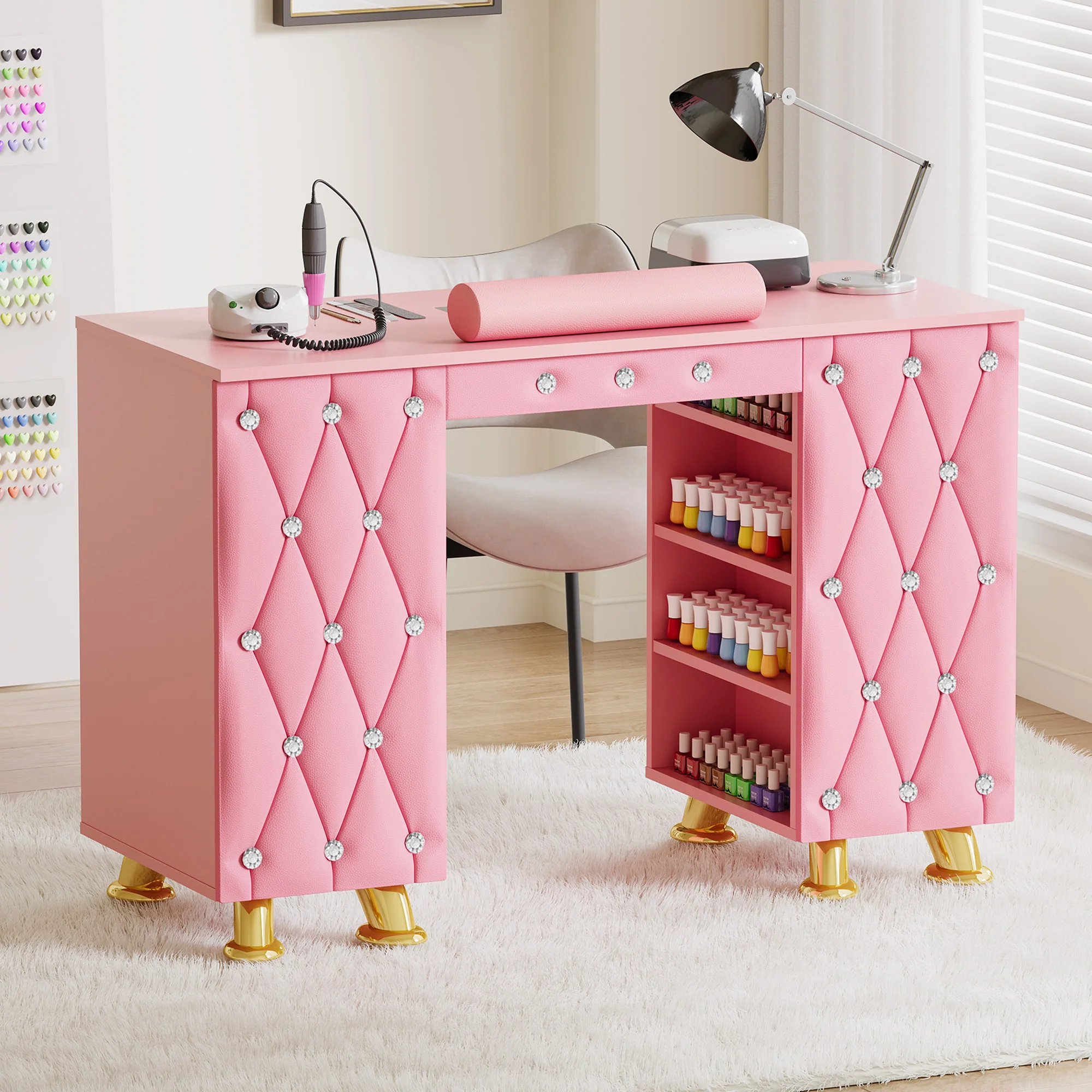 Advwin Manicure Table w/Dust Collector & Wrist Rest Pink