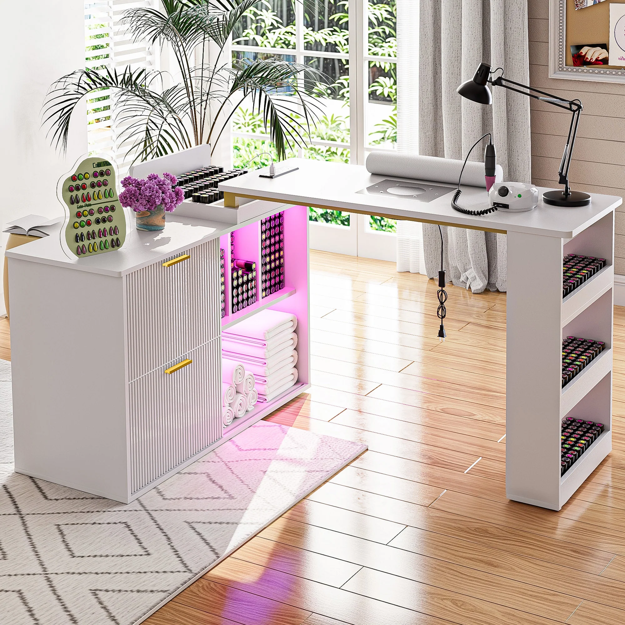 Advwin L-Shaped Manicure Table with LED Light