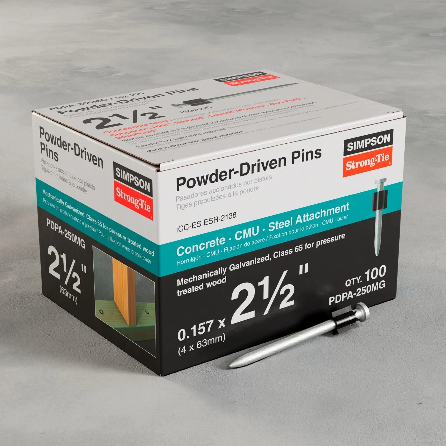 Simpson Strong-Tie PDPA-250MG PDPA .157-in. x 2-1/2-in. Mechanically Galvanized Powder-Actuated Pin, 100-Pack - Image 2