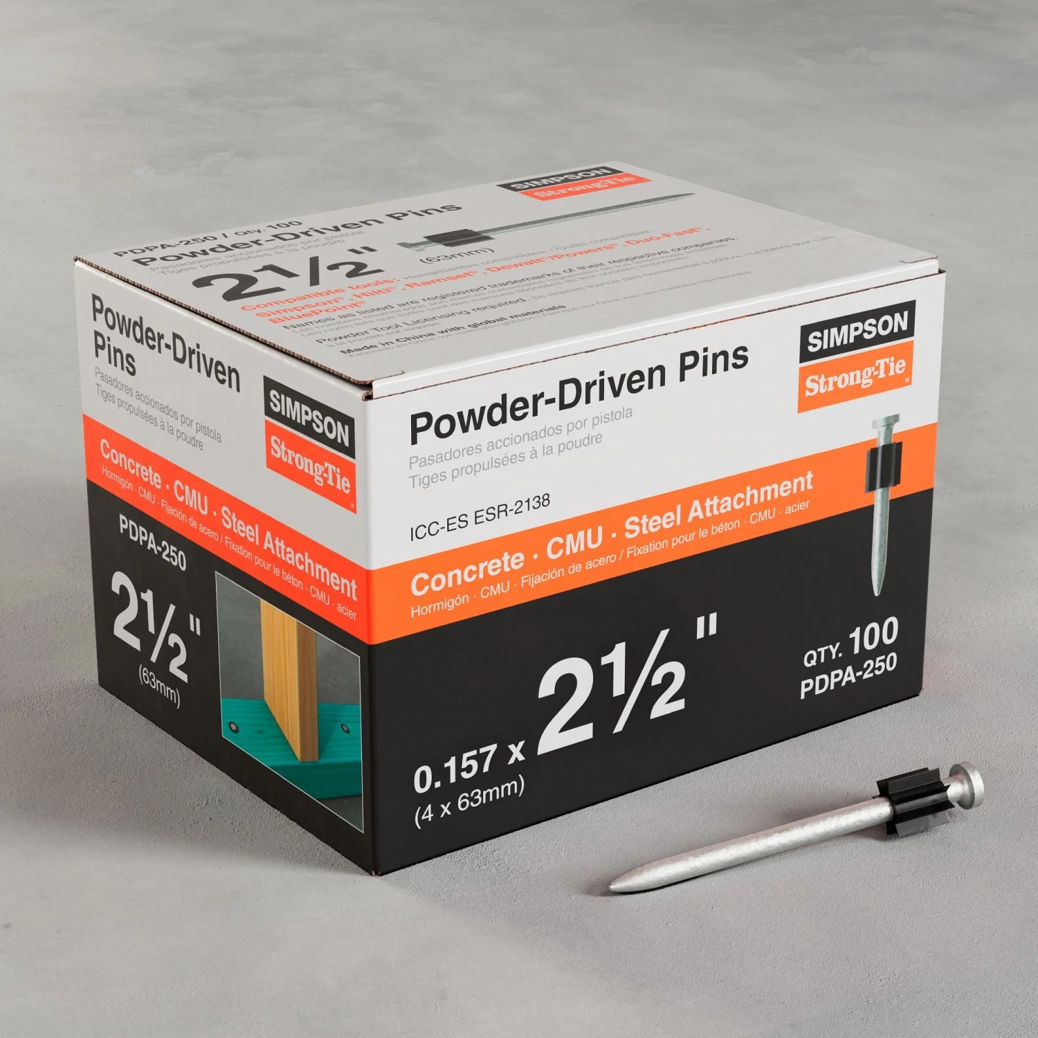 Simpson Strong-Tie PDPA-250 PDPA .157-in. x 2-1/2-in. Powder-Actuated Pin, 100-Pack - Image 2