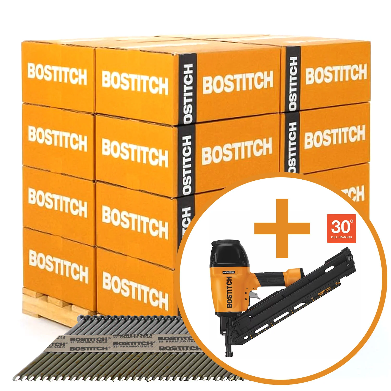 BOSTITCH PT-8DR113FH5 2-3/8-in. x .113-in. 28-Degrees Wire-Collated Ring Shank Full Round Head Pressure-Treated Framing Nails, 68 Boxes of 5000-Nails