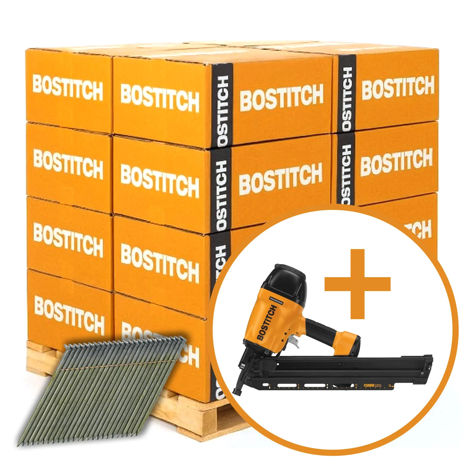 BOSTITCH S8D-FH 2-3/8-in. x .113-in. 28-Degree Wire-Collated Full Round Head Framing Nails, 140 Boxes of 2000-Nails