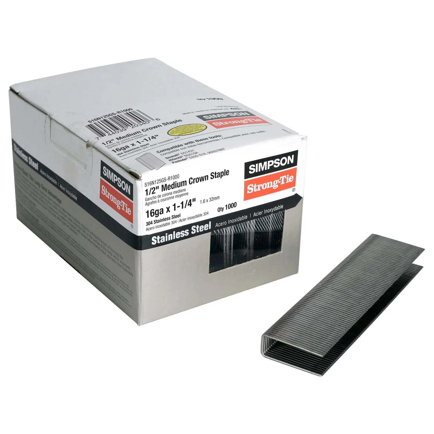 Simpson Strong-Tie S16N125GS-R1000 1/2-in. Crown, 16-Gauge Staples,  1-1/4-in. Type 304 Stainless Steel, 1000-Pack - Image 2