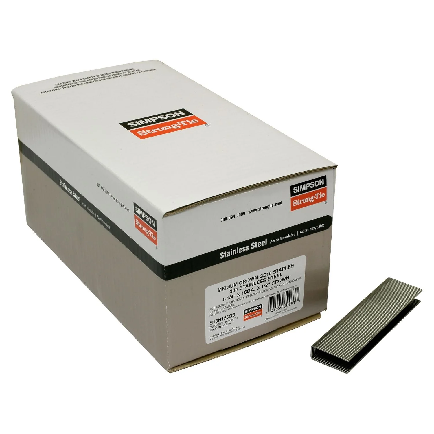 Simpson Strong-Tie S16N125GS 1/2-in. Crown, 16-Gauge Staples,  1-1/4-in. Type 304 Stainless Steel, 10000-Pack - Image 2