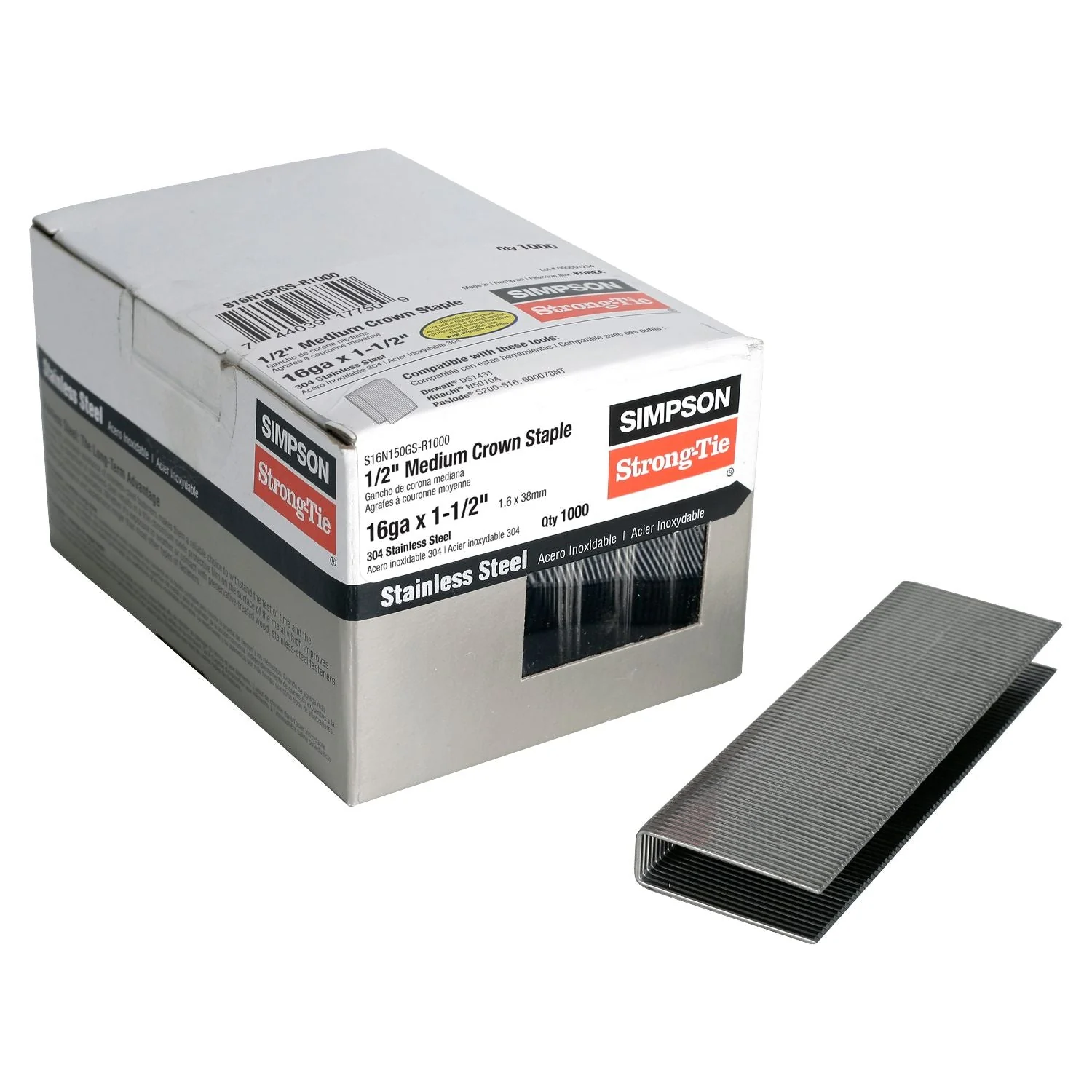 Simpson Strong-Tie S16N150GS-R1000 1/2-in. Crown, 16-Gauge Staples,  1-1/2-in. Type 304 Stainless Steel, 1000-Pack - Image 2
