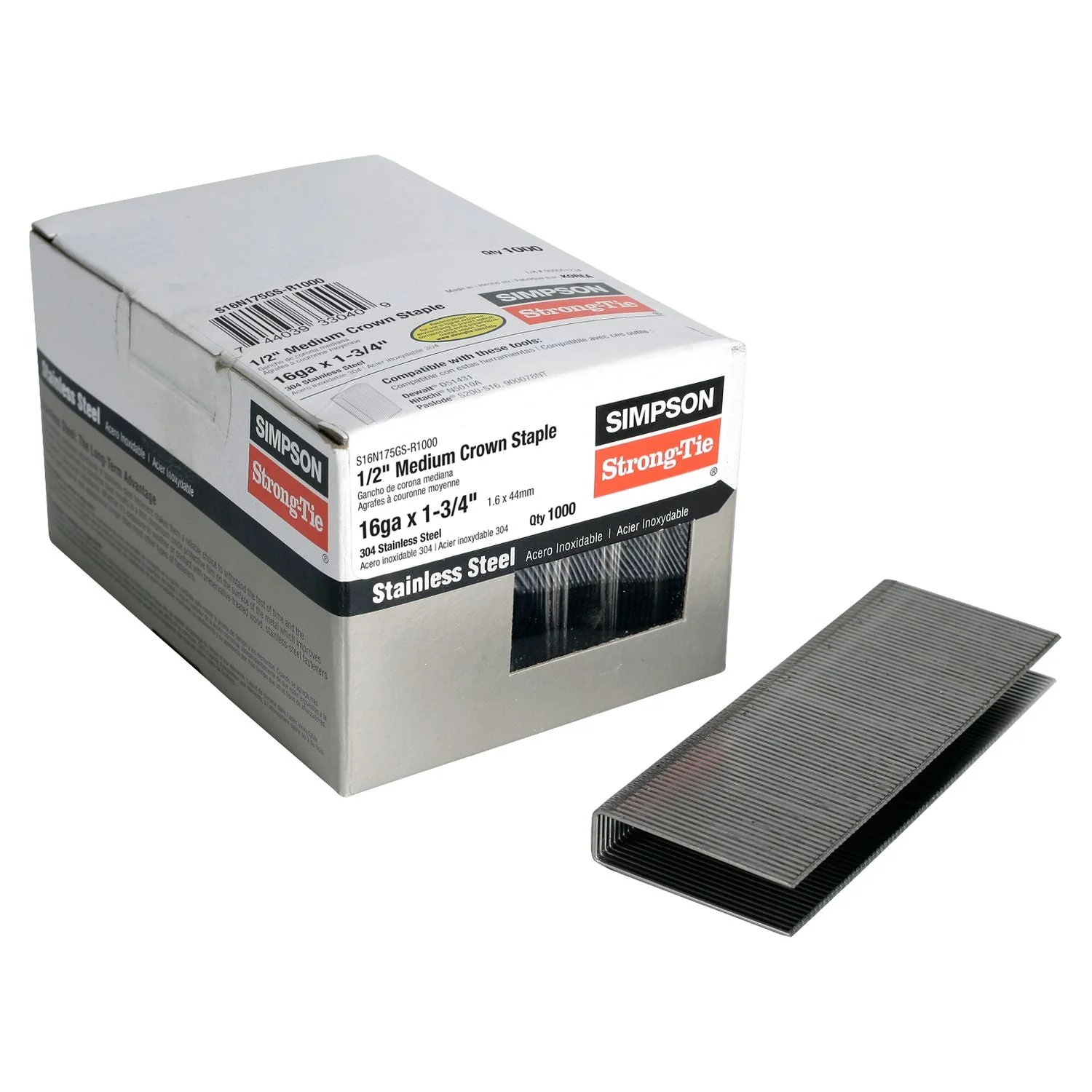 Simpson Strong-Tie S16N175GS-R1000 1/2-in. Crown, 16-Gauge Staples,  1-3/4-in. Type 304 Stainless Steel, 1000-Pack - Image 2