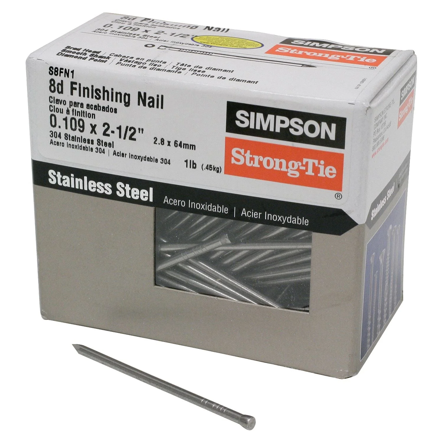 Simpson Strong-Tie S8FN1 Finishing Nail,  2-1/2-in. x .113-in. Type 304 Stainless Steel, 1-lb. - Image 2