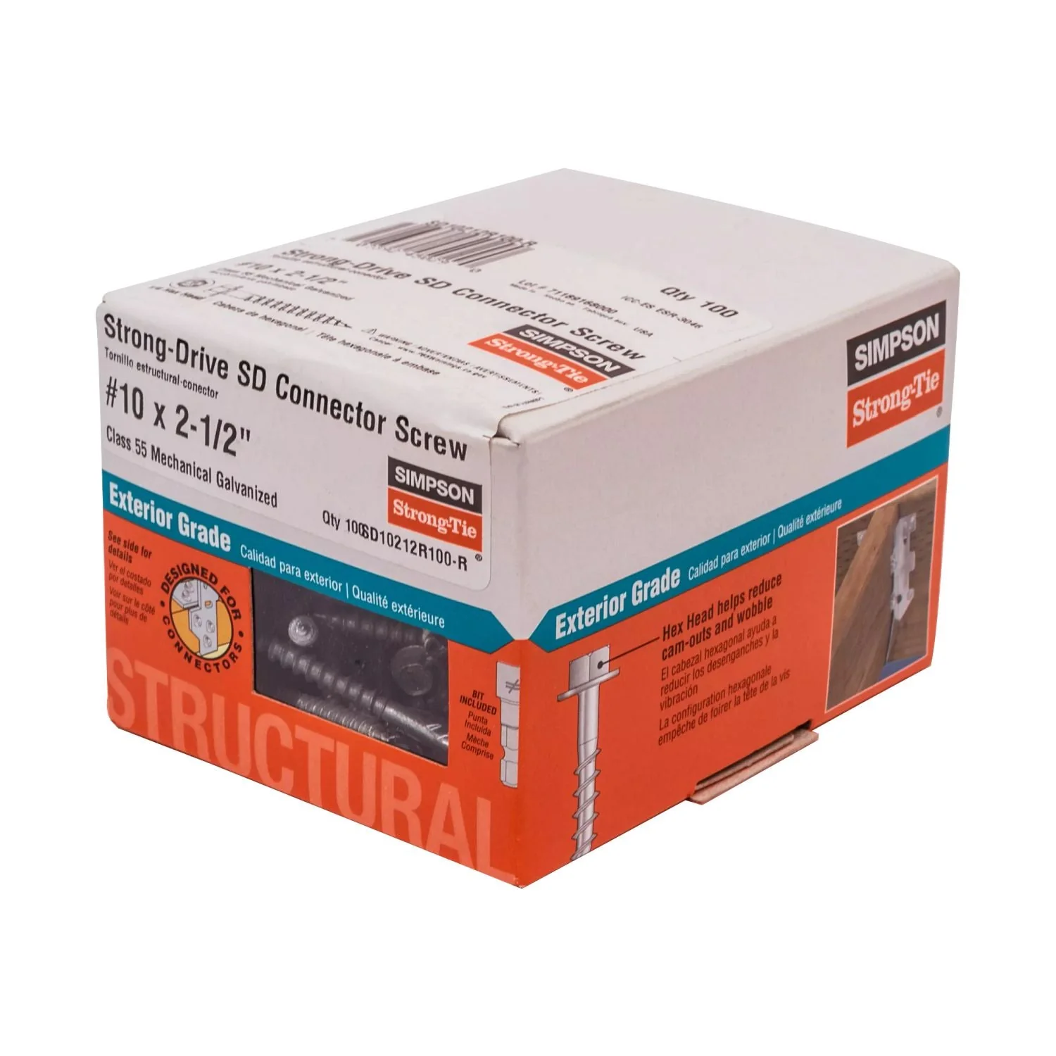 Simpson Strong-Tie Strong-Drive SD CONNECTOR Screw, #10 x 2-1/2-in. 1/4-Hex Drive, Mech. Galv., 100-Pack (SD10212R100-R) - Image 3