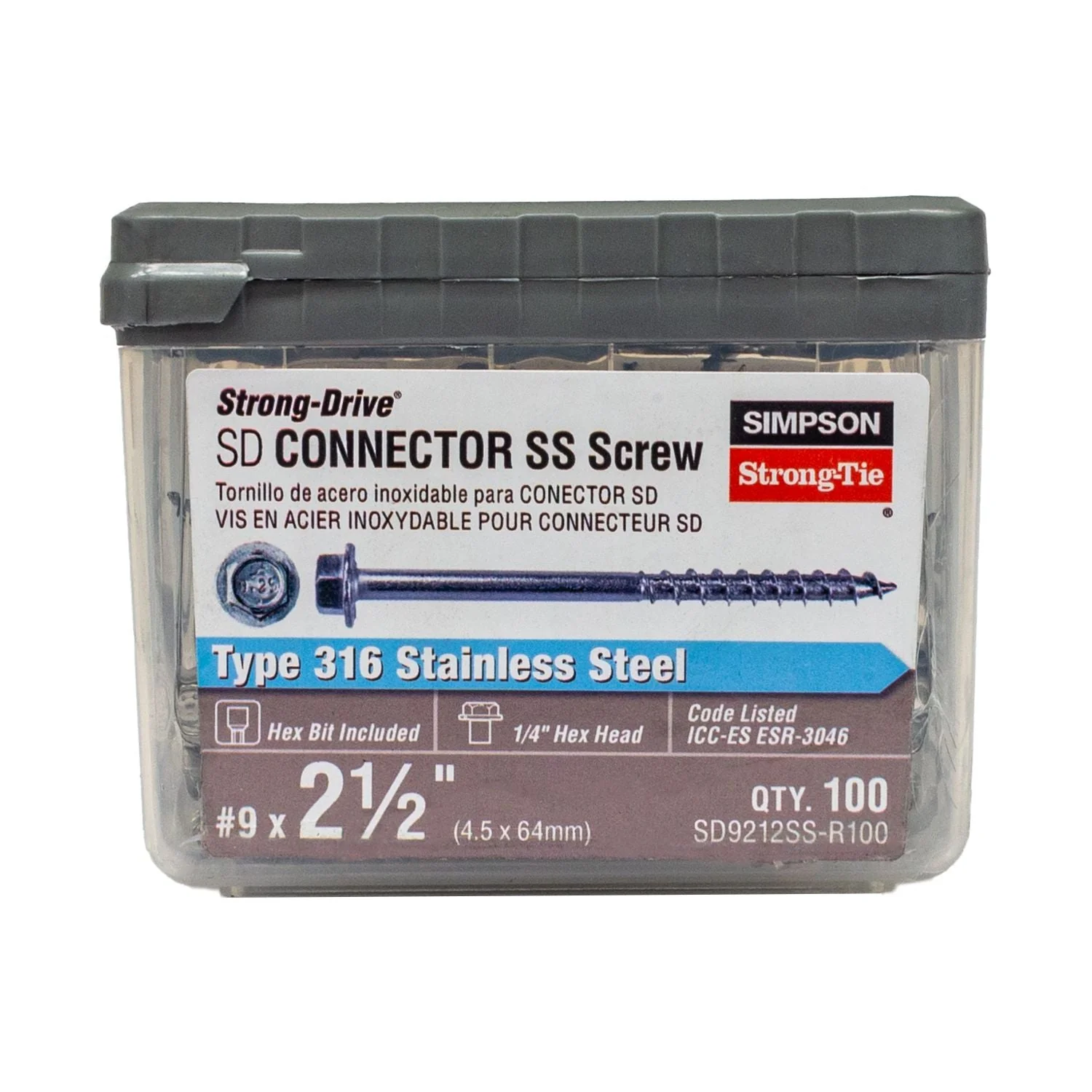 Simpson Strong-Tie SD9212SS-R100 Strong-Drive SD CONNECTOR SS Screw,  #9 x 2-1/2-in. 1/4-Hex Drive, Type 316, 100-Pack - Image 2