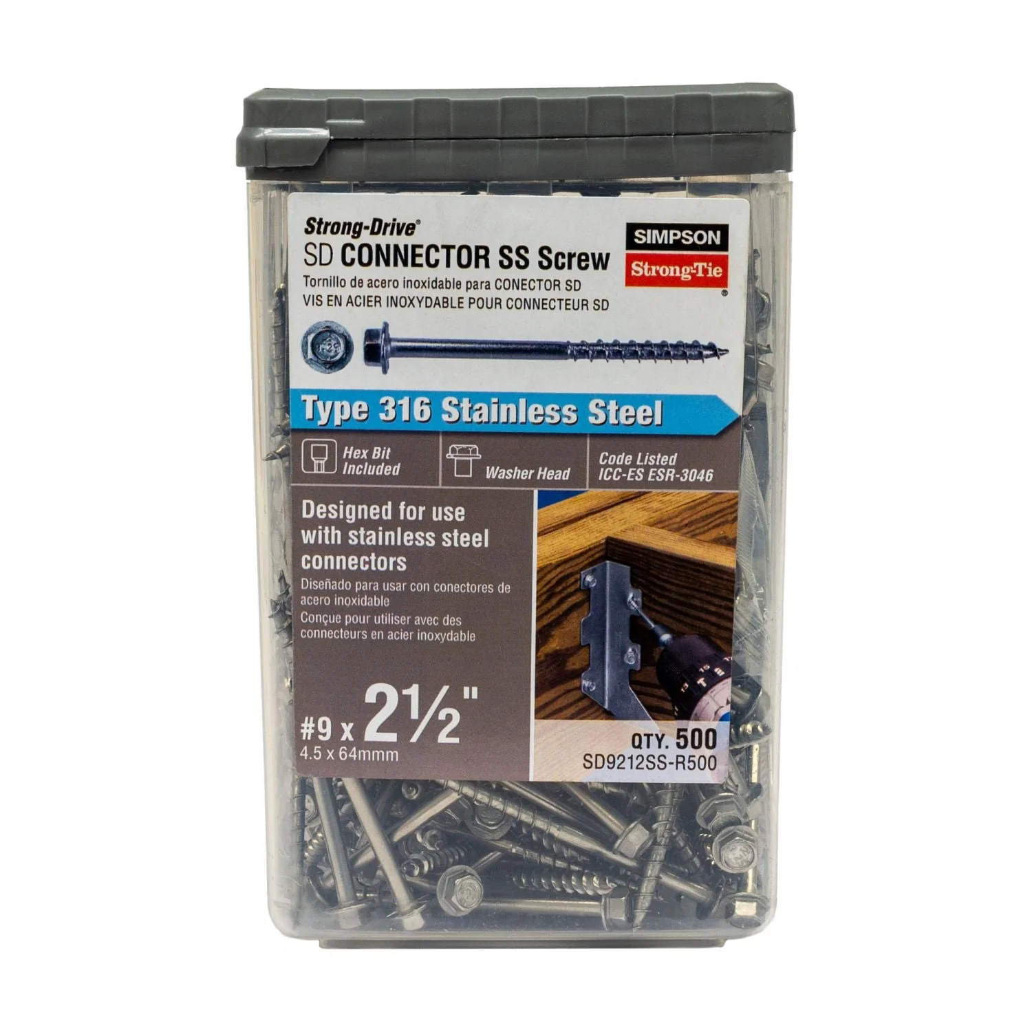 Simpson Strong-Tie SD9212SS-R500 Strong-Drive SD CONNECTOR SS Screw,  #9 x 2-1/2-in. 1/4-Hex Drive, Type 316, 500-Pack - Image 2