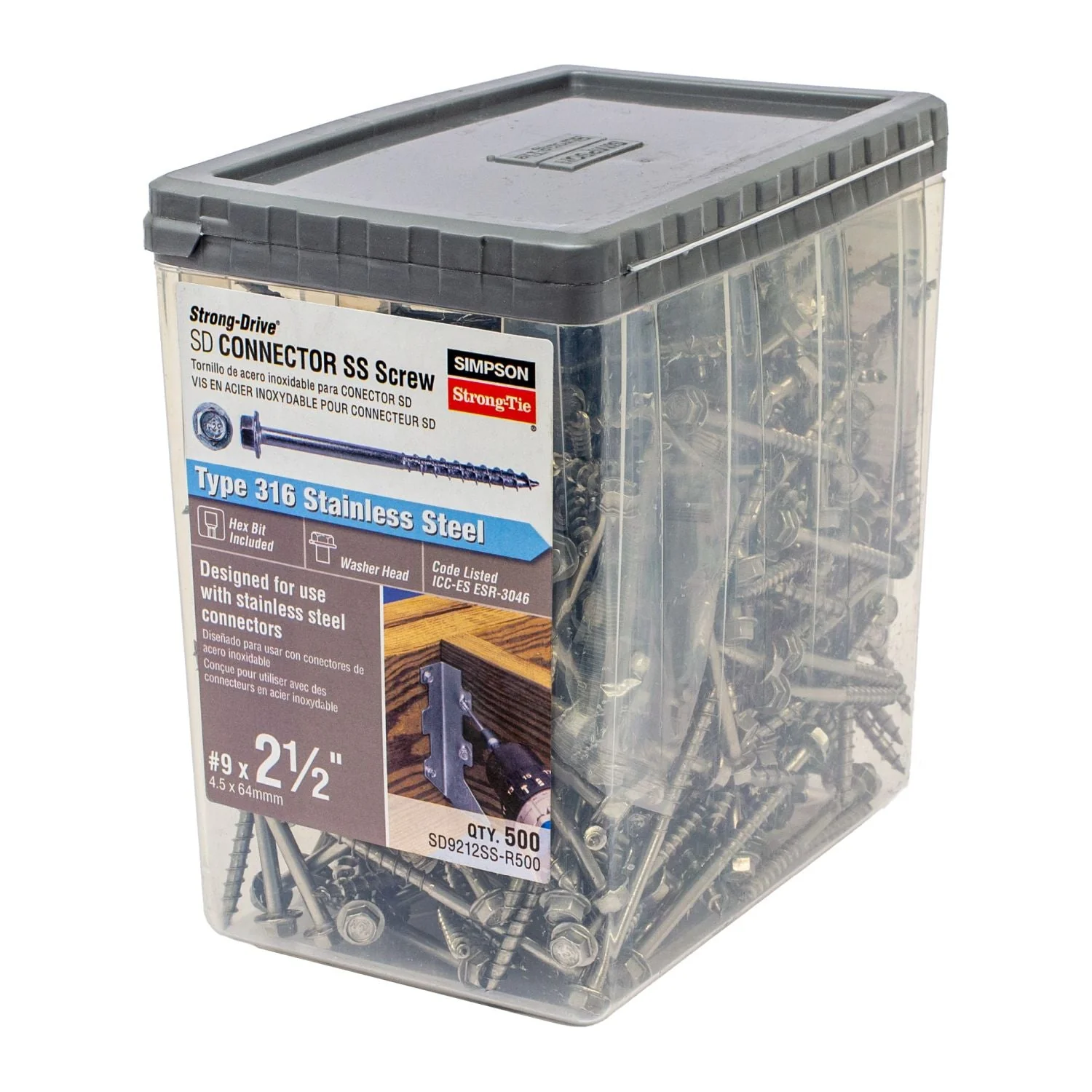 Simpson Strong-Tie SD9212SS-R500 Strong-Drive SD CONNECTOR SS Screw,  #9 x 2-1/2-in. 1/4-Hex Drive, Type 316, 500-Pack - Image 3